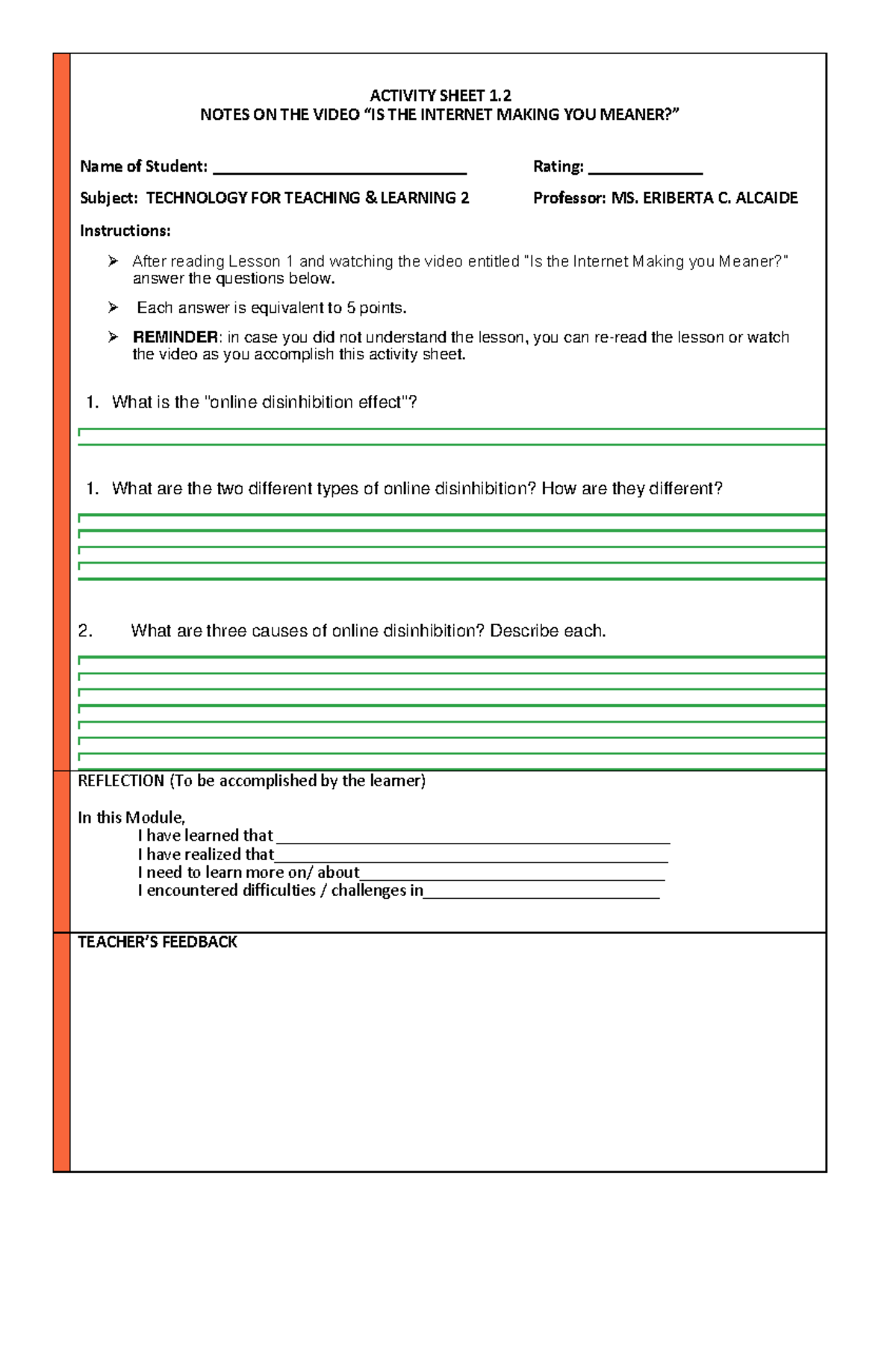Technology for Teaching and LEarning - ACTIVITY SHEET 1. NOTES ON THE ...