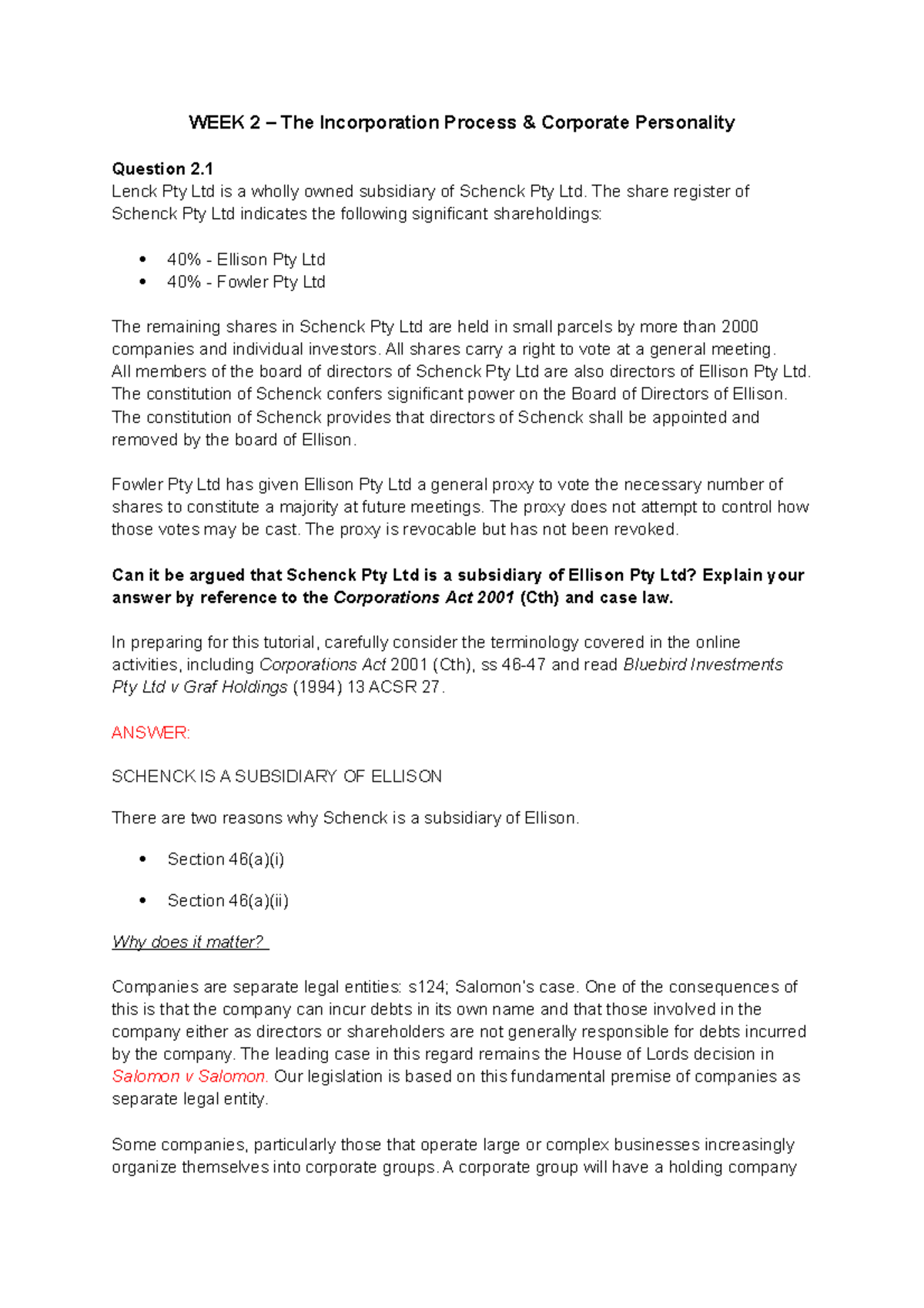 Tutorial 2 WEEK 2 The Incorporation Process & Corporate Personality