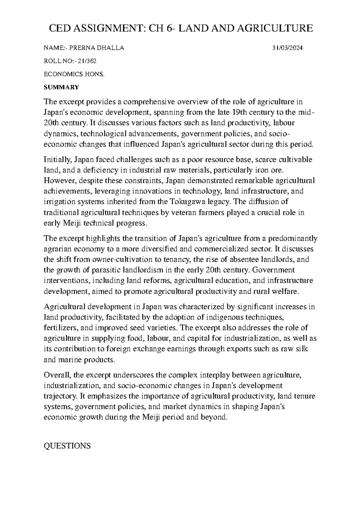 CED assignment ch6 land and agriculture - NAME:- PRERNA DHALLA 31/03 ...