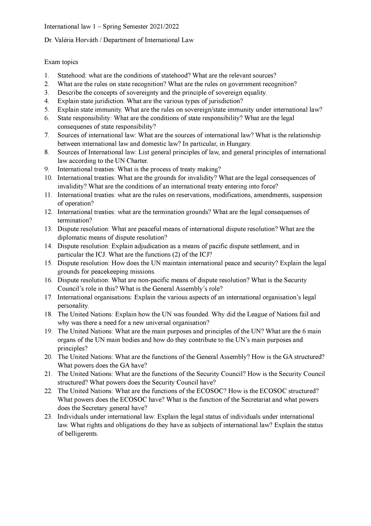 International Law Questions - International Law 1 – Spring Semester ...