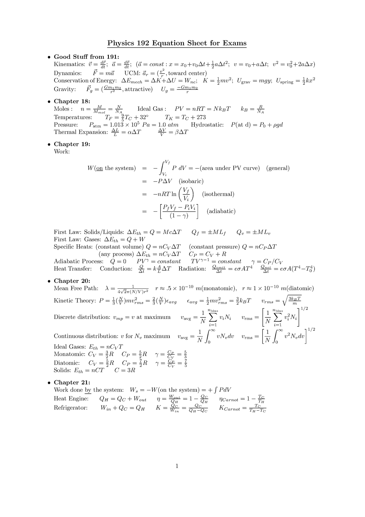 Equations 192 - Physics 192 Equation Sheet for Exams Good Stuff from ...