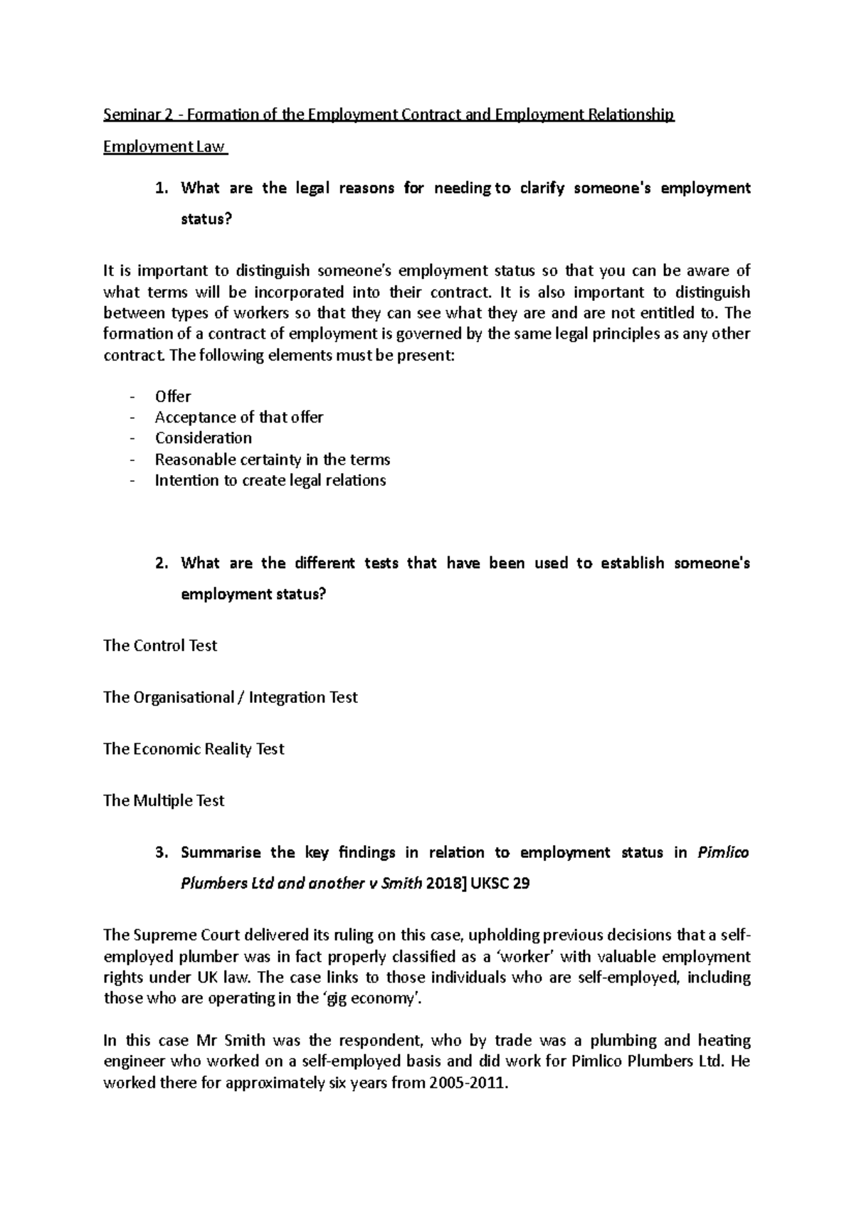 Seminar 2 - Formation of the Employment Contract and Employment ...