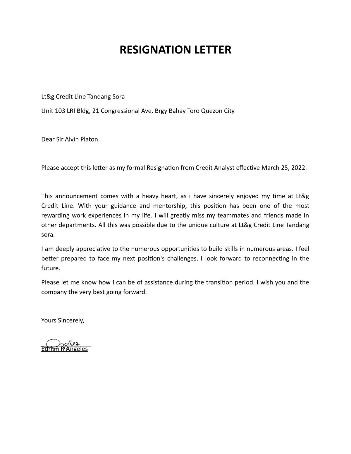 Resignation Letter - for requirements - RESIGNATION LETTER Lt&g Credit ...