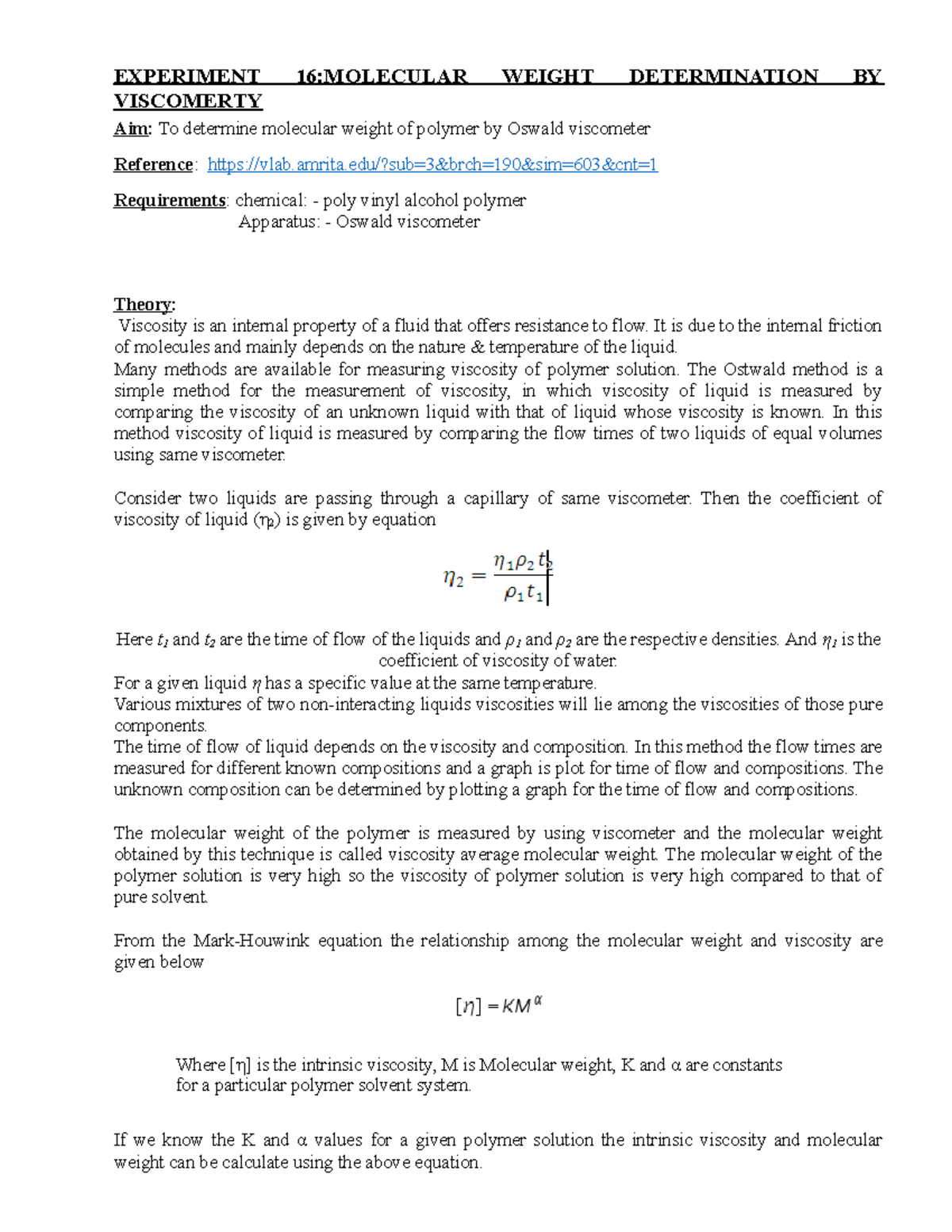 Ex 16 EXPERIMENT 16MOLECULAR WEIGHT DETERMINATION BY