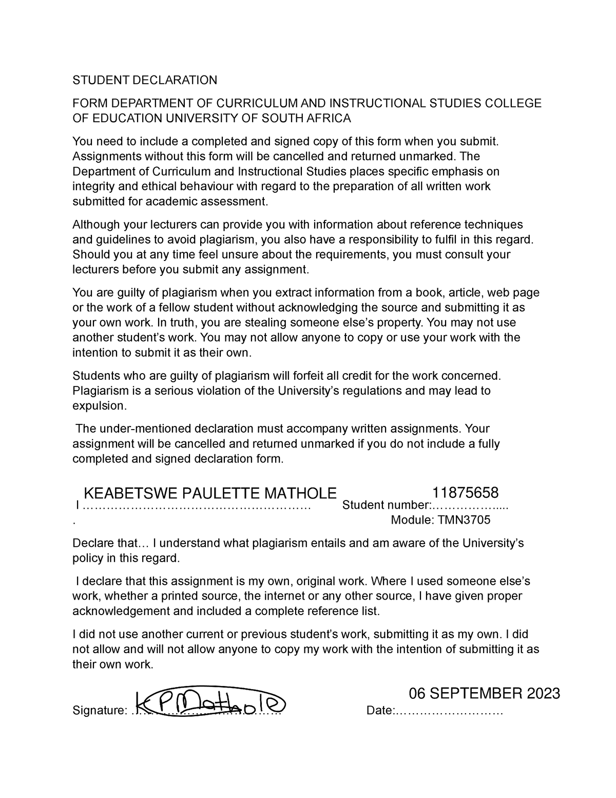 TMN3705 06SEP - Teaching nst - STUDENT DECLARATION FORM DEPARTMENT OF ...