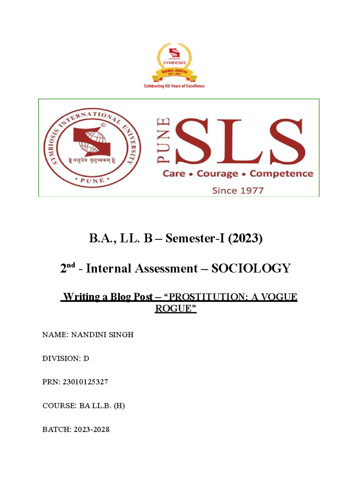 Sociology - B., LL. B – Semester-I (2023) 2 Nd - Internal Assessment ...