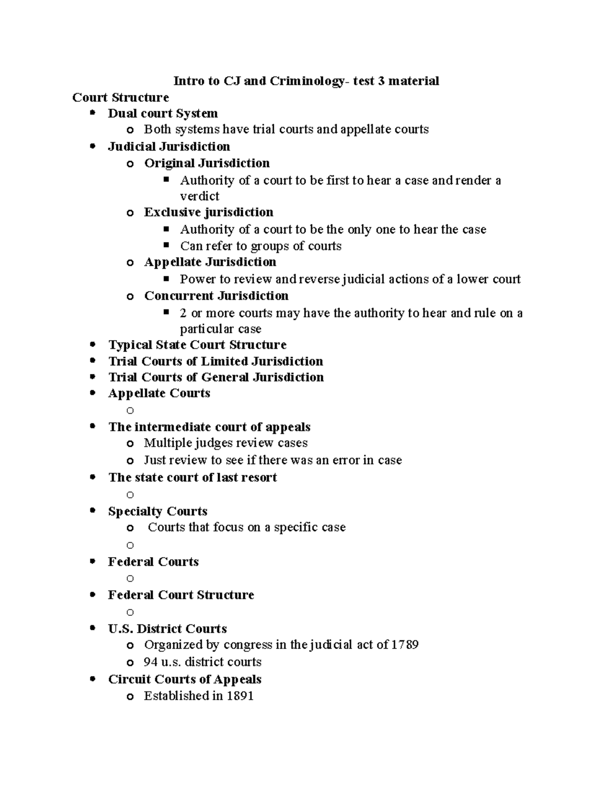 Intro Notes - Intro To CJ And Criminology- Test 3 Material Court ...