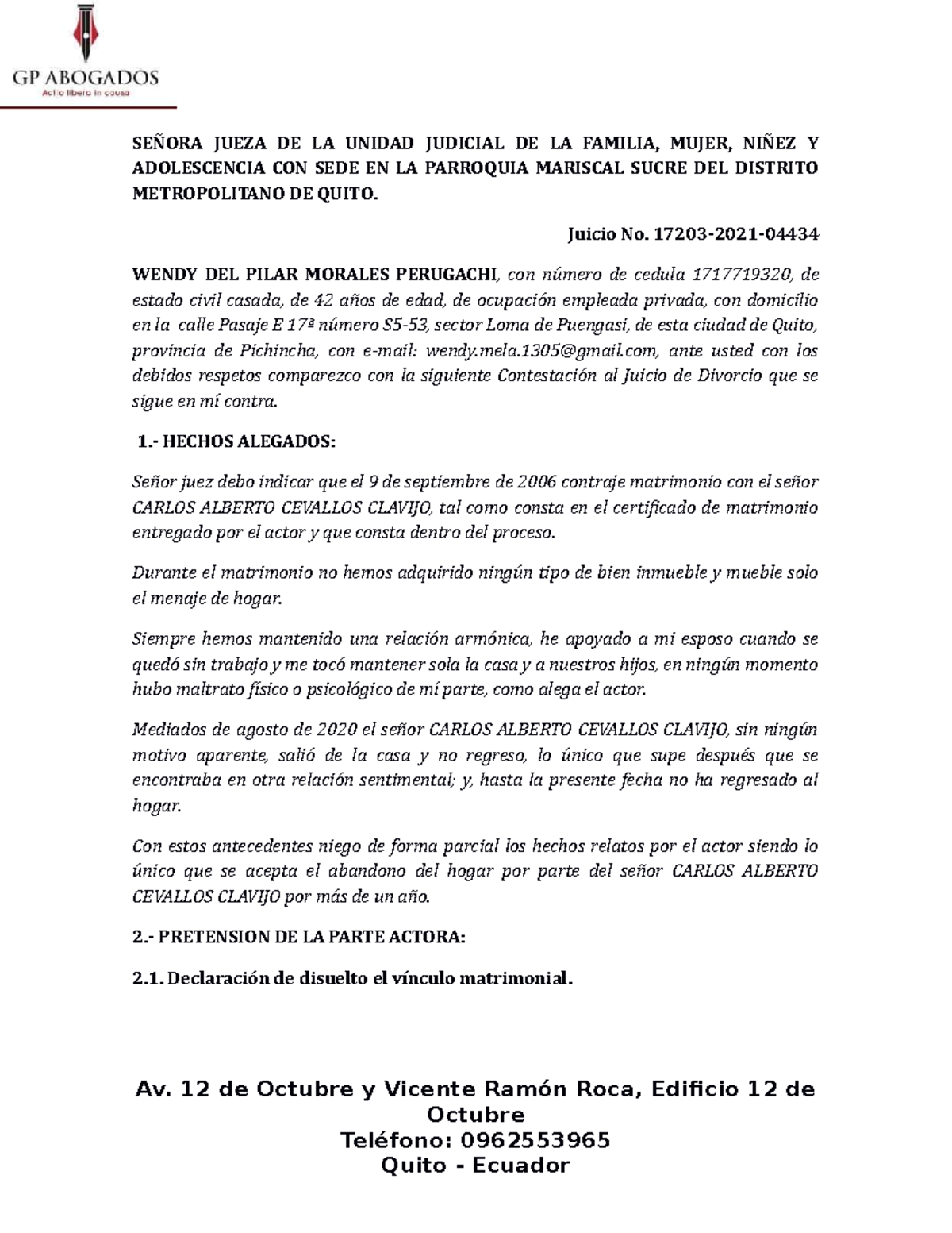 Contestacion A La Demanda SeÑora Jueza De La Unidad Judicial De La Familia Mujer NiÑez Y 7421