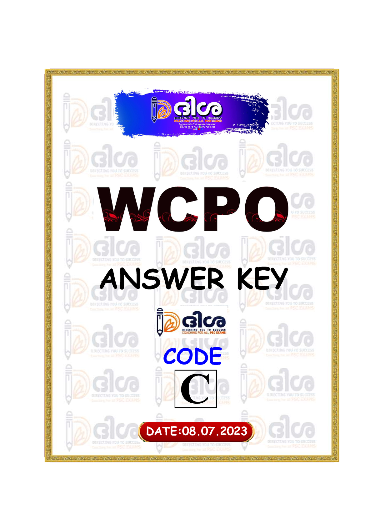 WCPO Final Key - Jhbascdb - 1 CODE ANSWER KEY C DATE:08. 2 1. (D) 2. (D ...