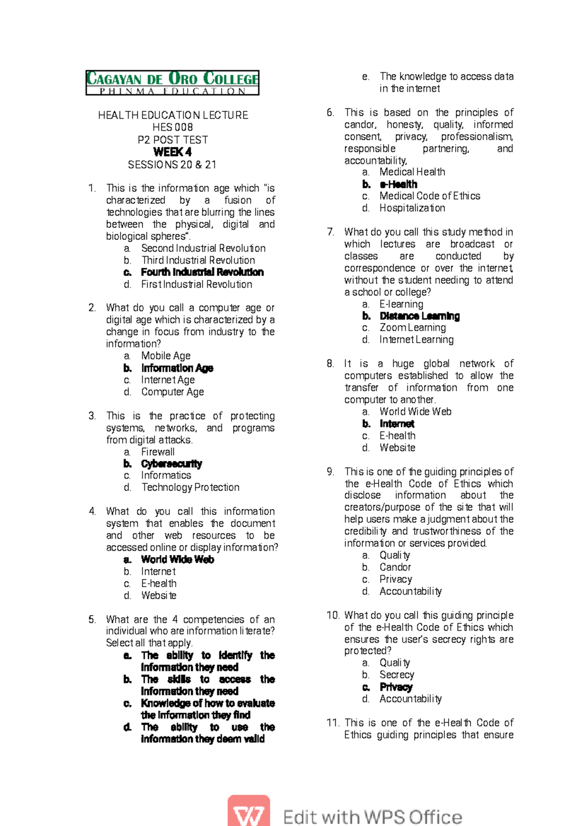 Sessions 2021 Post Test Teacher's guide HEALTH EDUCATION LECTURE