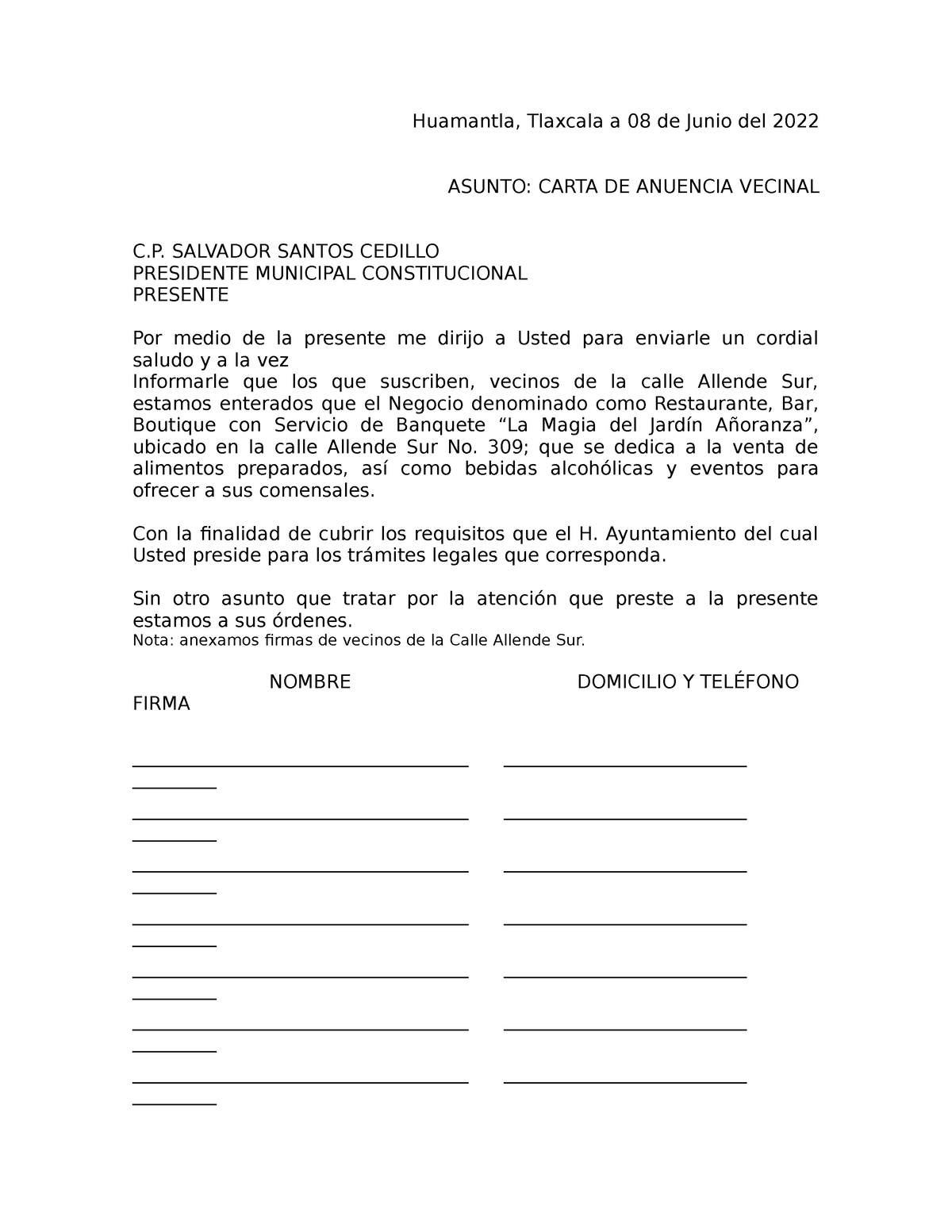Anuencia Vecinal Huamantla Tlaxcala A 08 De Junio Del 2022 Asunto Carta De Anuencia Vecinal 7782