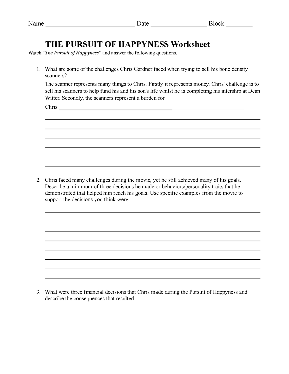 Pursuit of Happyness Worksheet 2 Name