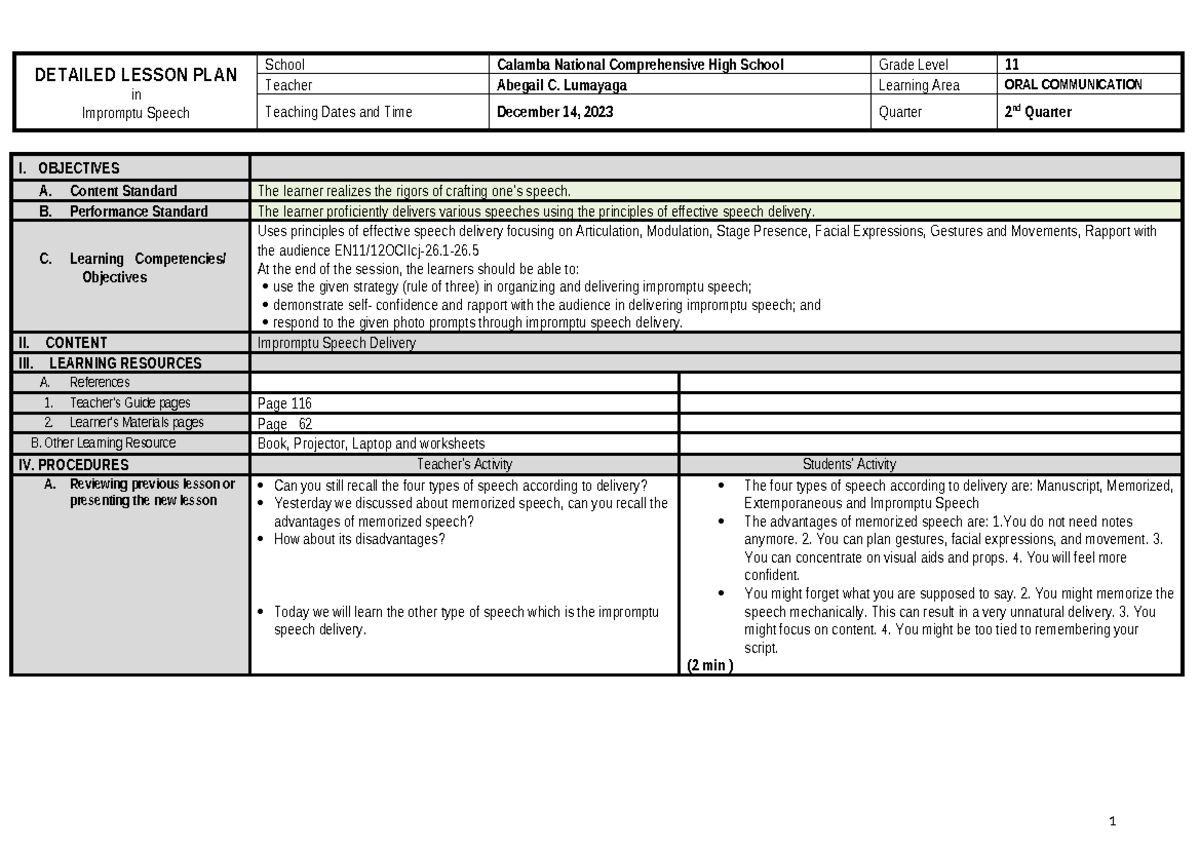 DLP Impromptu - DETAILED LESSON PLAN in Impromptu Speech School Calamba ...