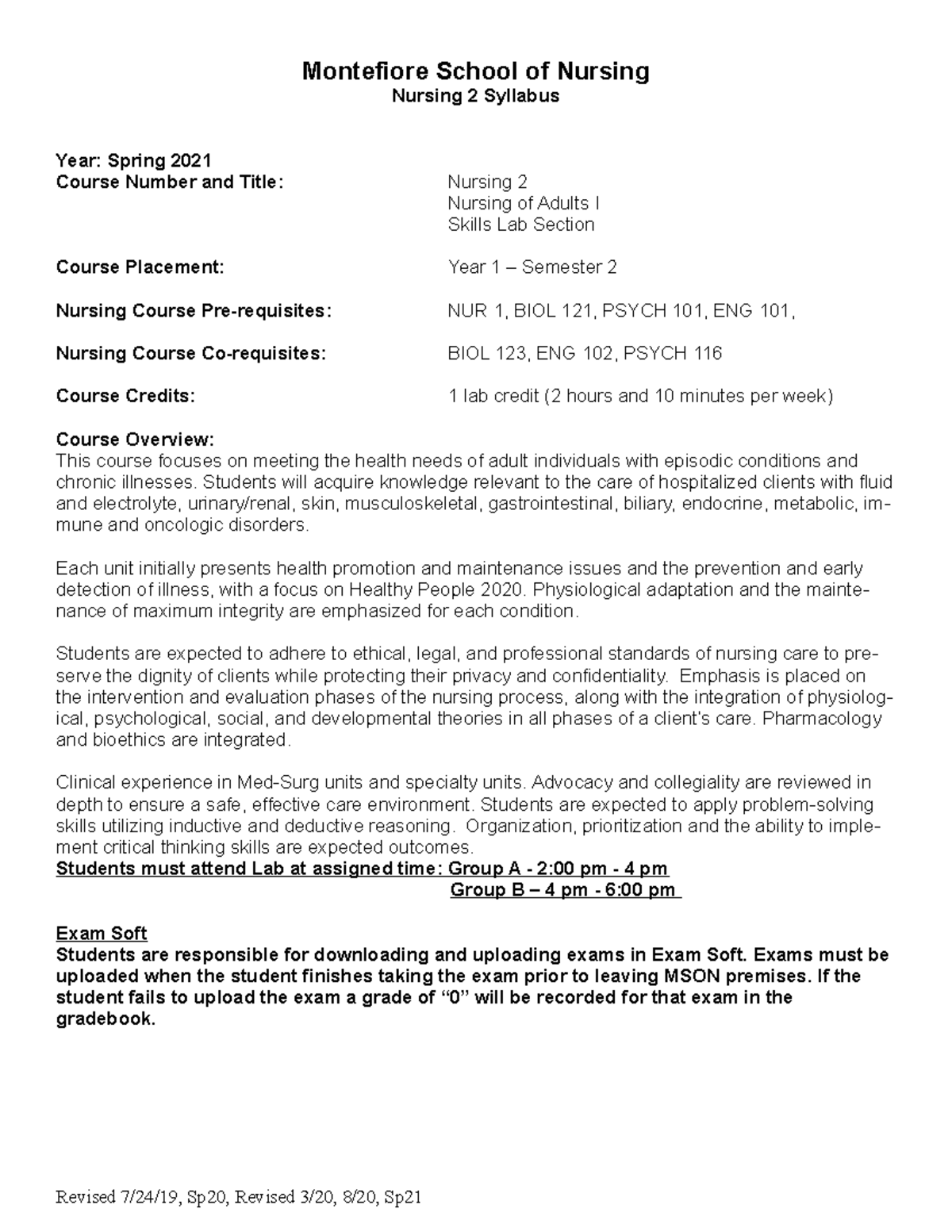 N2 Syllabus Spr. 21 - lol - Montefiore School of Nursing Nursing 2 ...