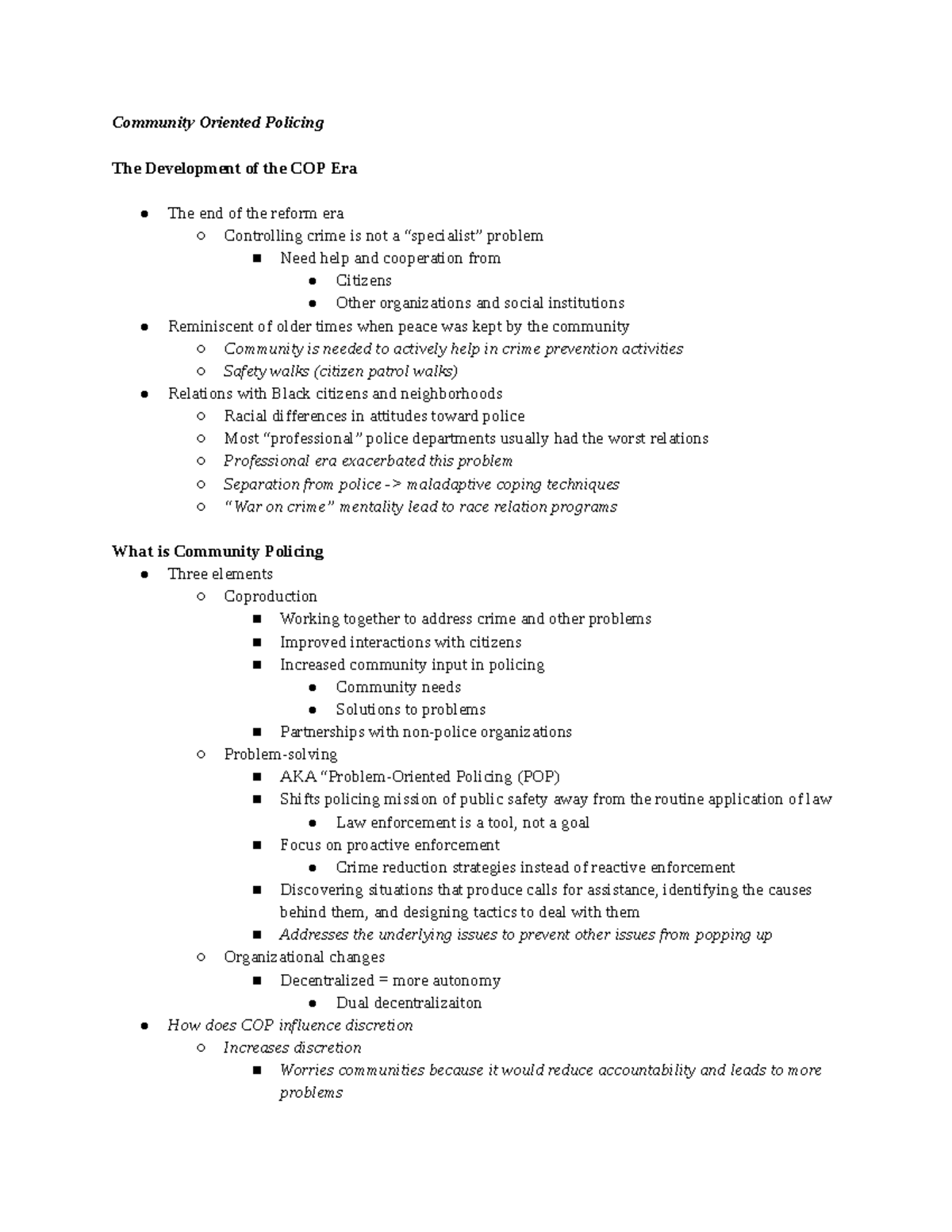 Lecture Notes 2.21 Dr. Thompson Community Oriented Policing The