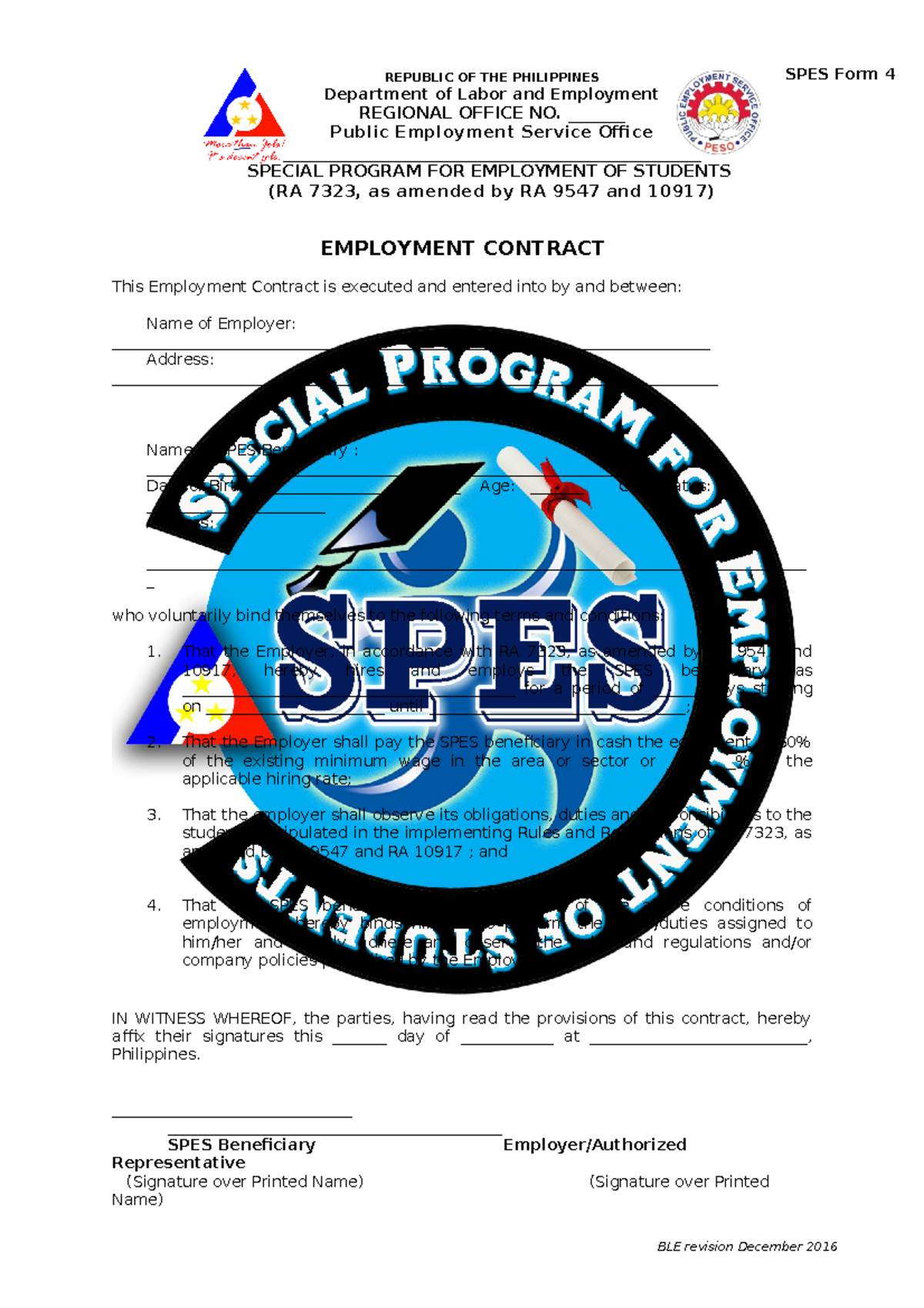 SPES FORM 4 Employment Contract EMPLOYMENT CONTRACT This Employment