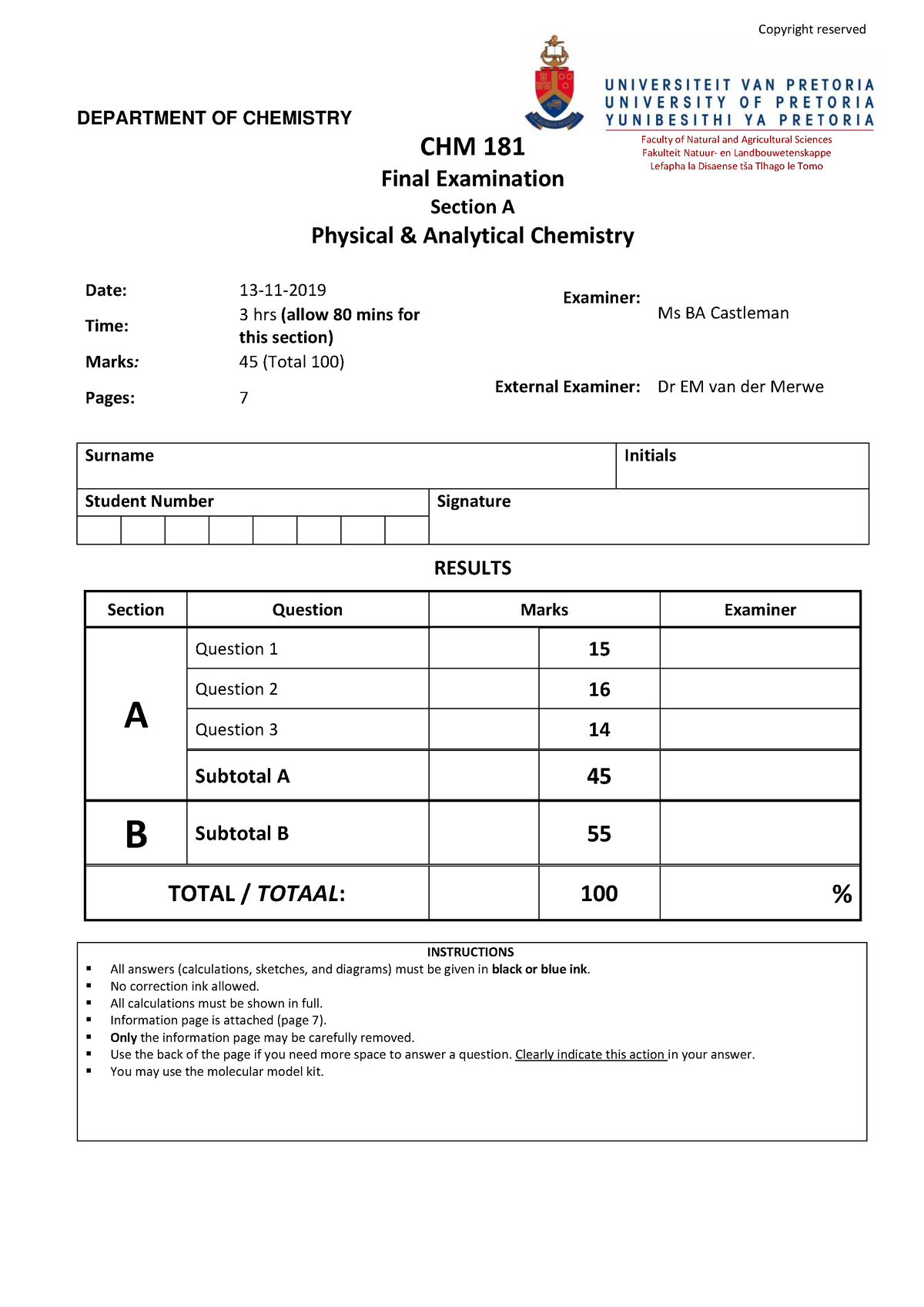 CHM181 Nov2019 - It's A Good Question Paper To Practice With For Exams ...