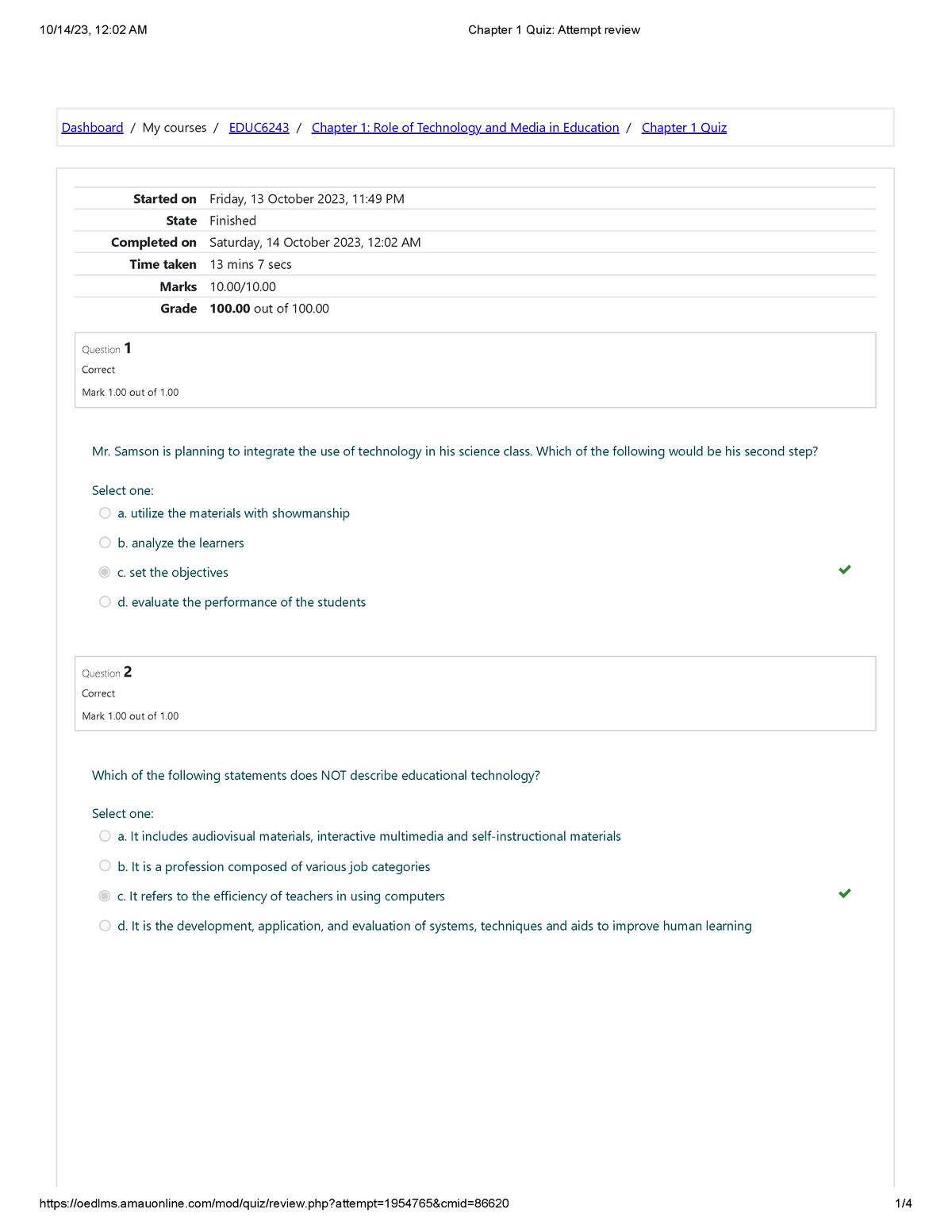 Chapter 1 Quiz Attempt Review - Dashboard / My Courses / EDUC6243 ...