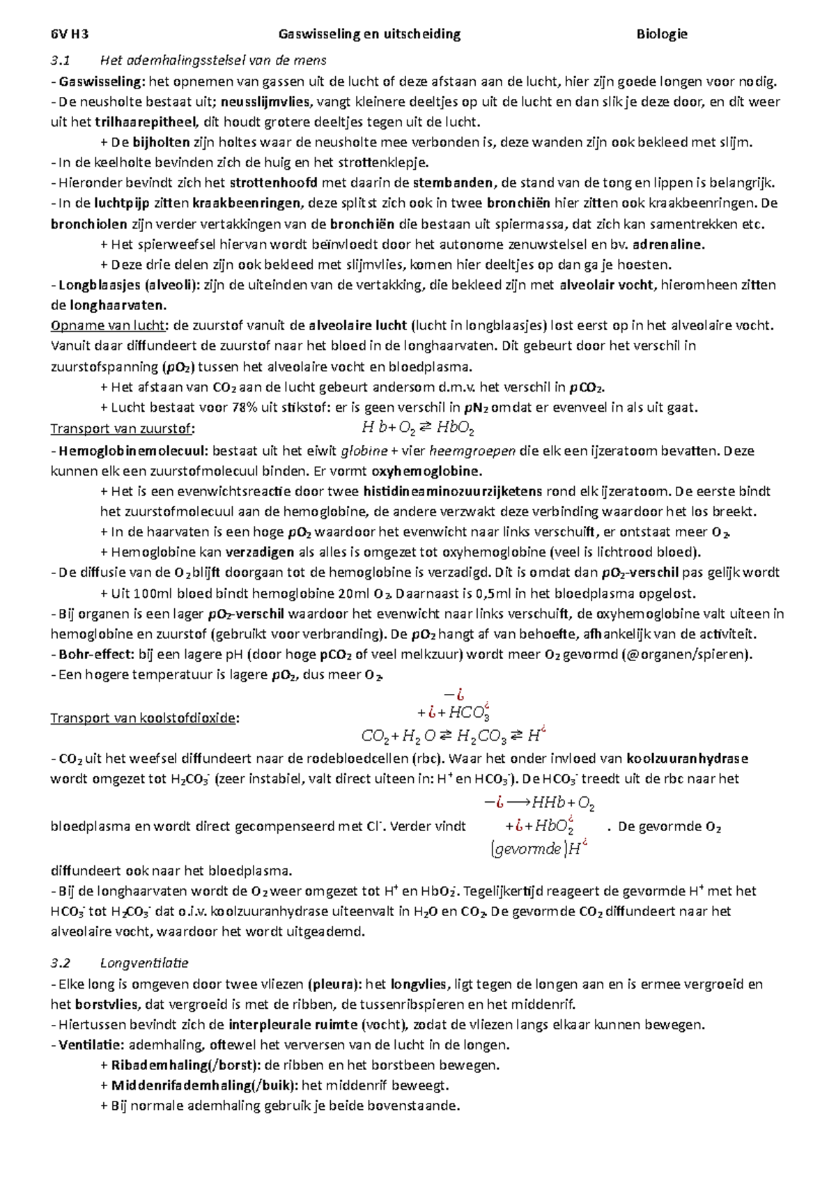 Biologie 6 VWO - Hoofdstuk 3 Gaswisseling En Uitscheiding - 6V H3 ...