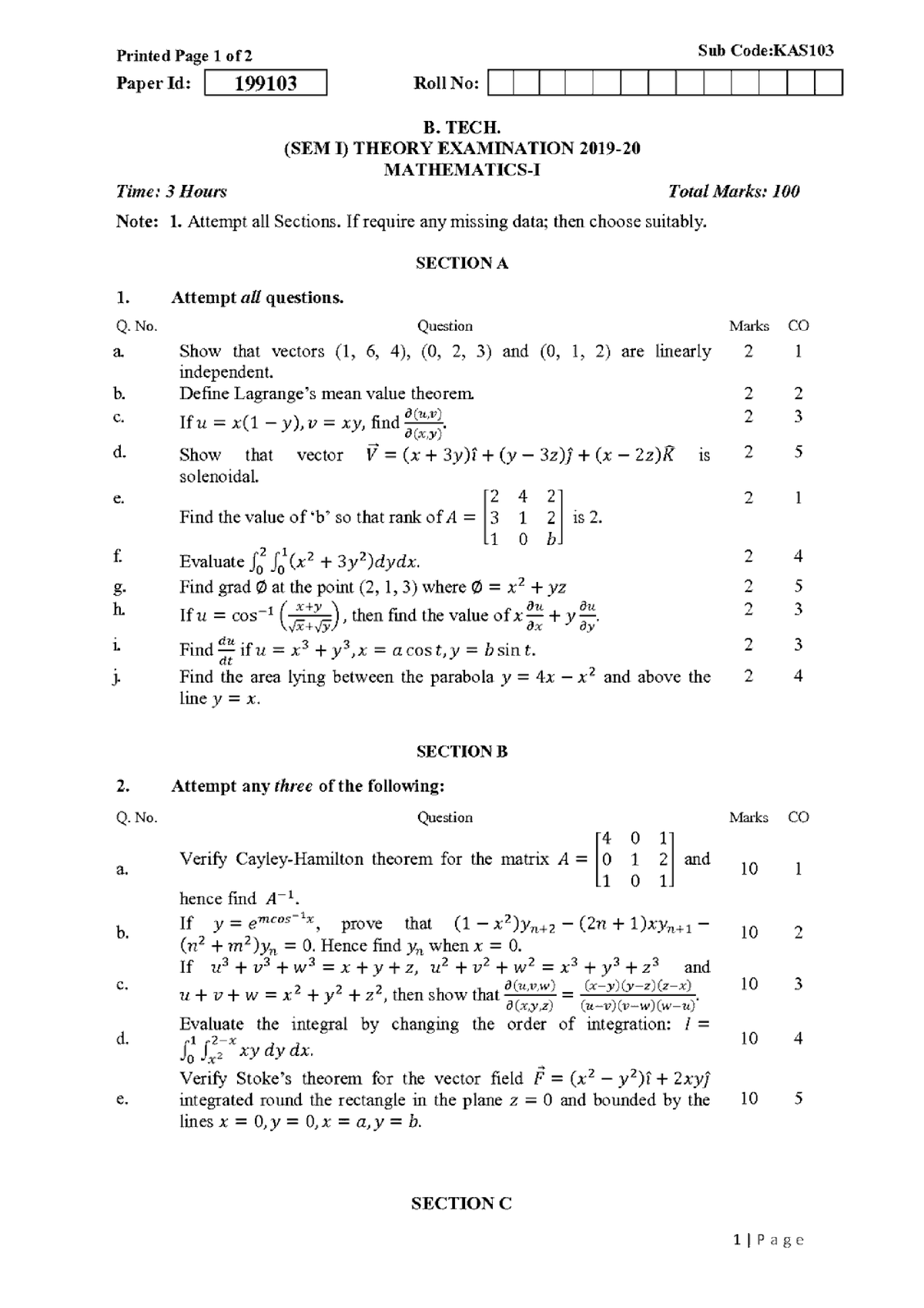 Btech 1 Sem Mathematics 1 Kas103 2020 - Mathematical Foundations Of ...