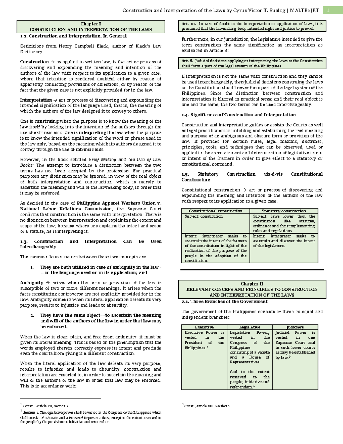 Statutory Construction for First Year **Chapter I CONSTRUCTION AND INTERPRETATION OF THE LAWS