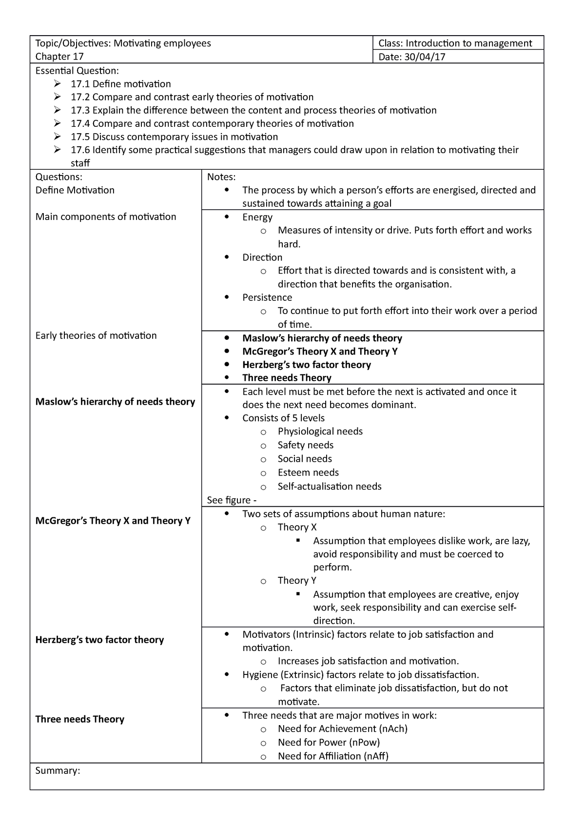 Management Ch17 - Timothy Bednall - Topic/Objectives: Motivating ...