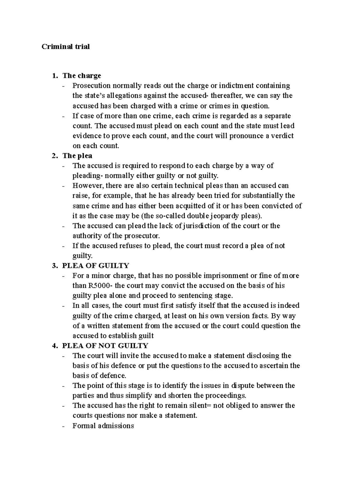 Criminal trial - chapter notes - Criminal trial The charge Prosecution ...