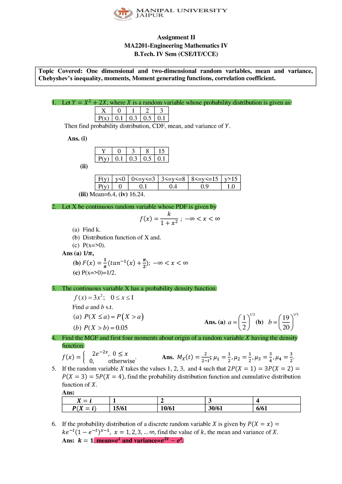 Assignment 02 MA2201 - Assignment II MA2201-Engineering Mathematics IV ...