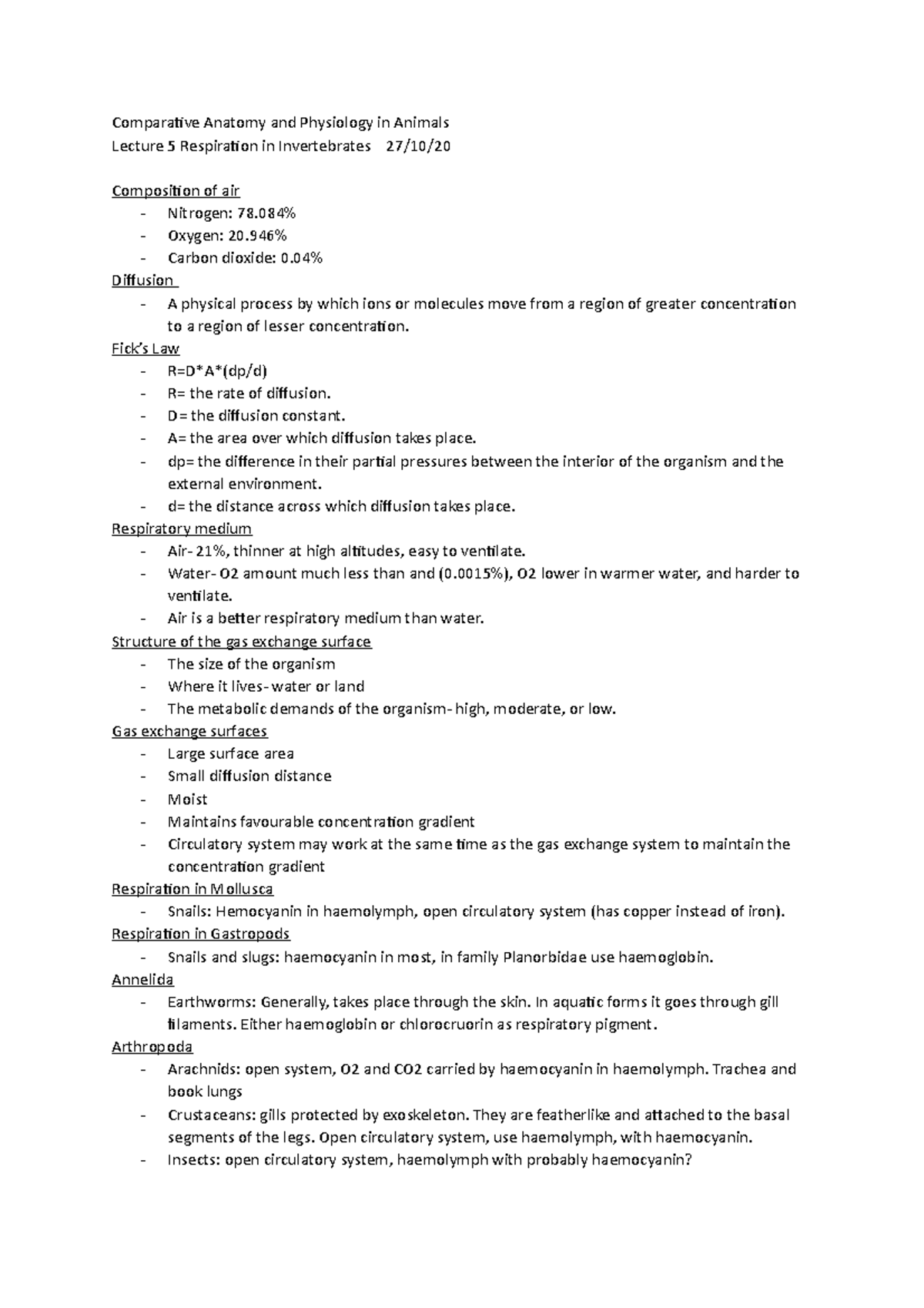 Invertebrate Respiration - Comparative Anatomy and Physiology in ...