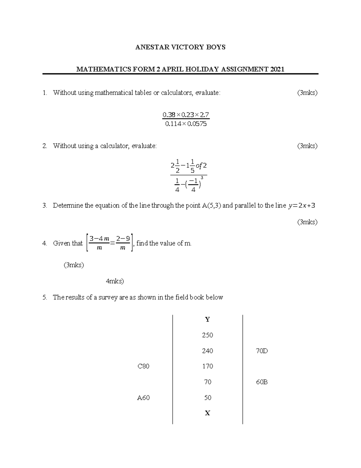 Mathematics Form 2 Holiday Assignment April 2021 Teacher - ANESTAR ...