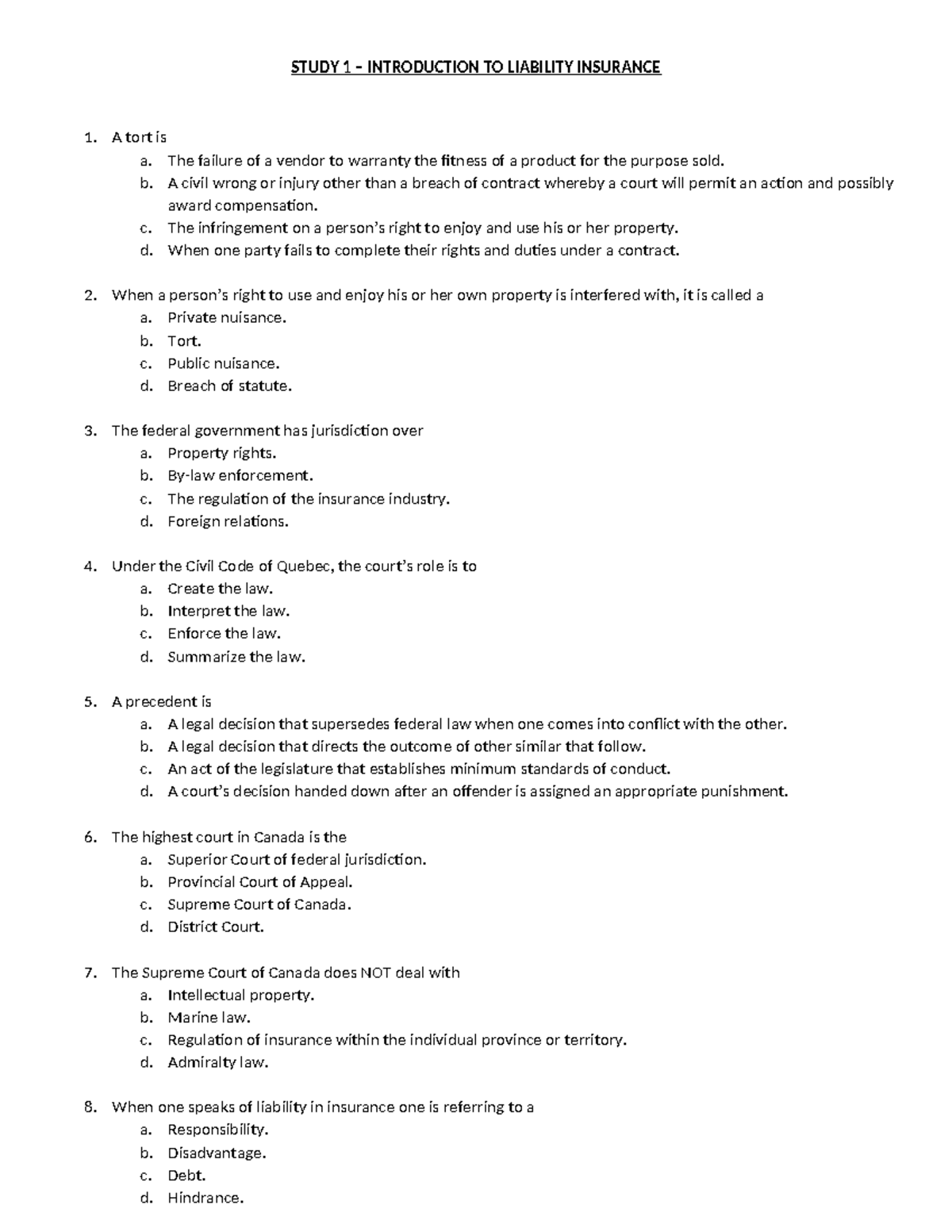 Study 1 Questions - c13 - STUDY 1 – INTRODUCTION TO LIABILITY INSURANCE ...