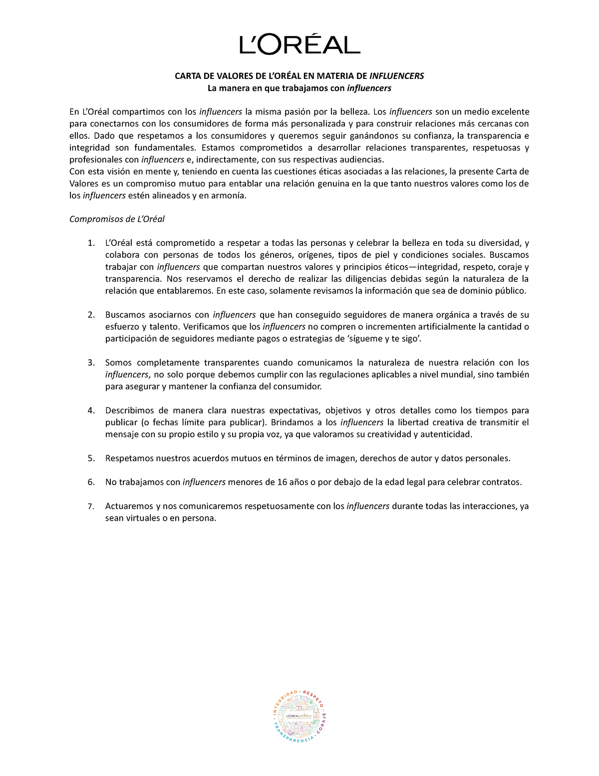 Seeding Letter Para Firmar Martina Cuenya - CARTA DE VALORES DE L’ORÉAL ...