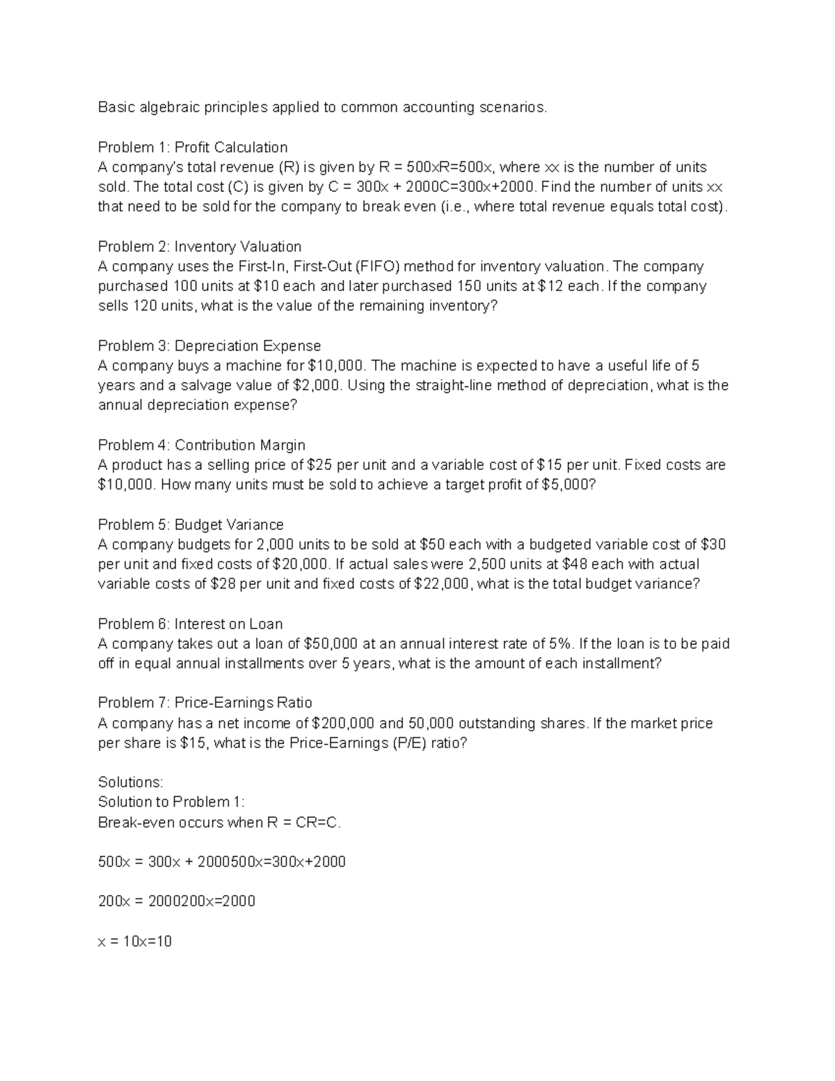 Basic algebraic principles applied to common accounting scenarios ...