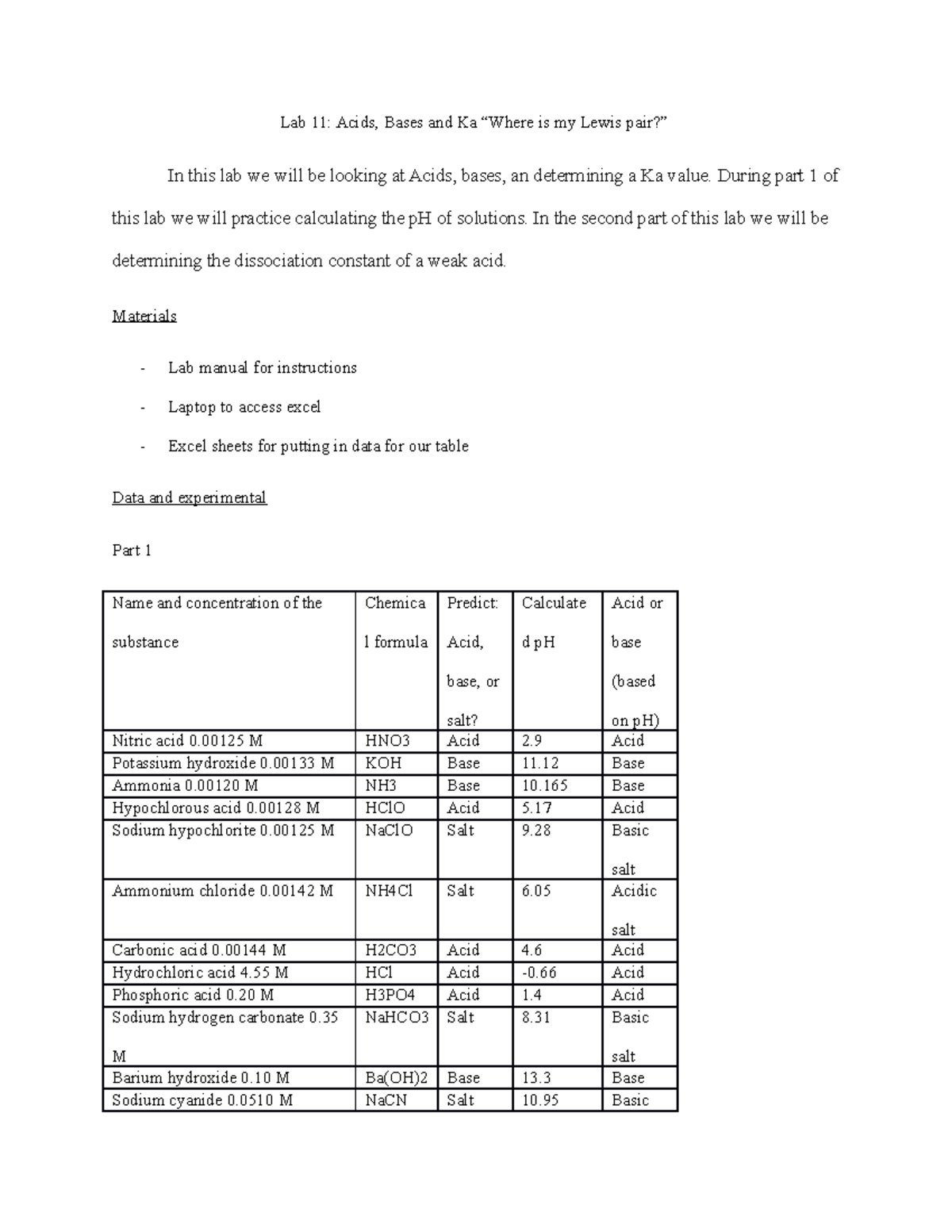 Chem 106 lab 15 Lab 11 Acids, Bases and Ka “Where is my Lewis pair