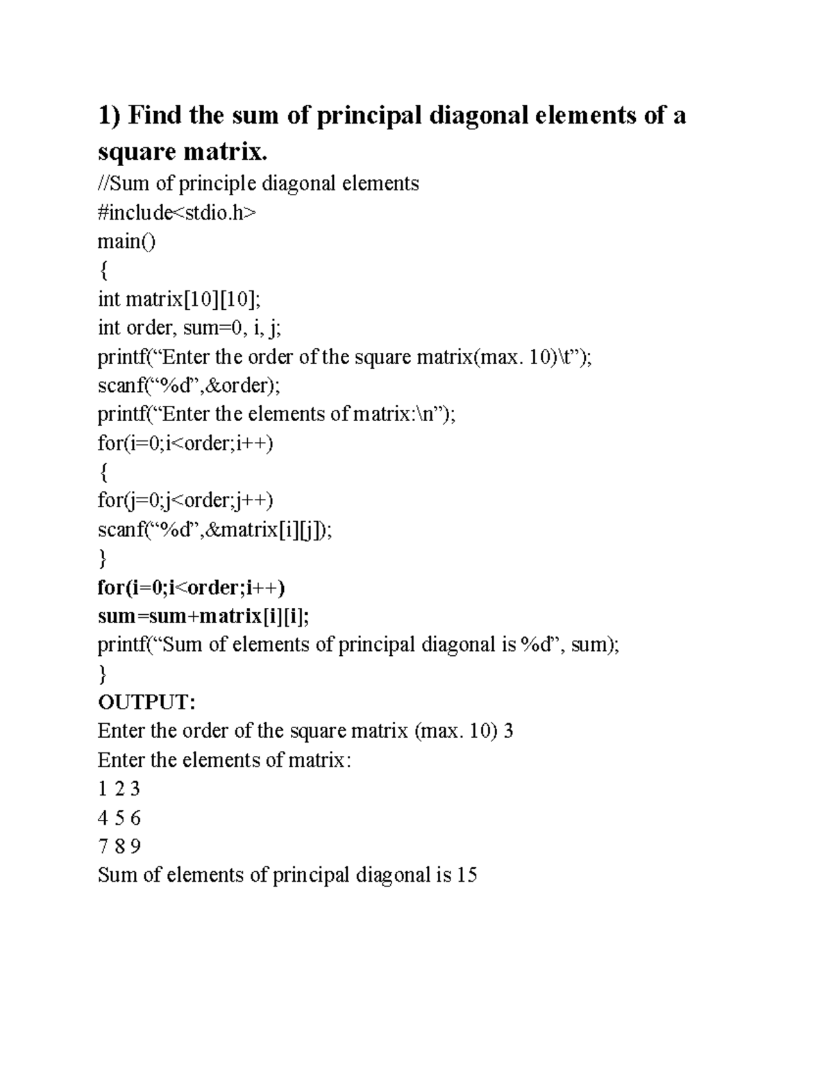Matrix problems - Practical programs - 1) Find the sum of principal ...