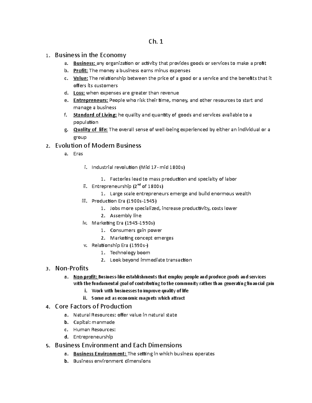 Biz Foundations Chapter 1 - Summary BUSN - BUSN - Ch. 1 1. Business in ...