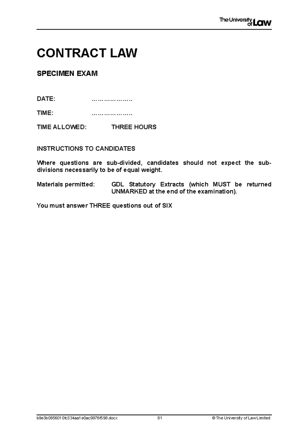 Exam paper 2021 CONTRACT LAW SPECIMEN EXAM DATE