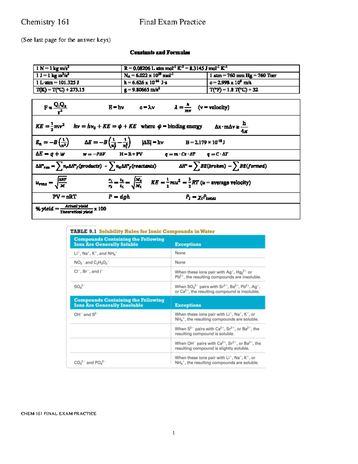 Practice Final Exam - CHEM 161 FINAL EXAM PRACTICE Chemistry 16 1 Final ...