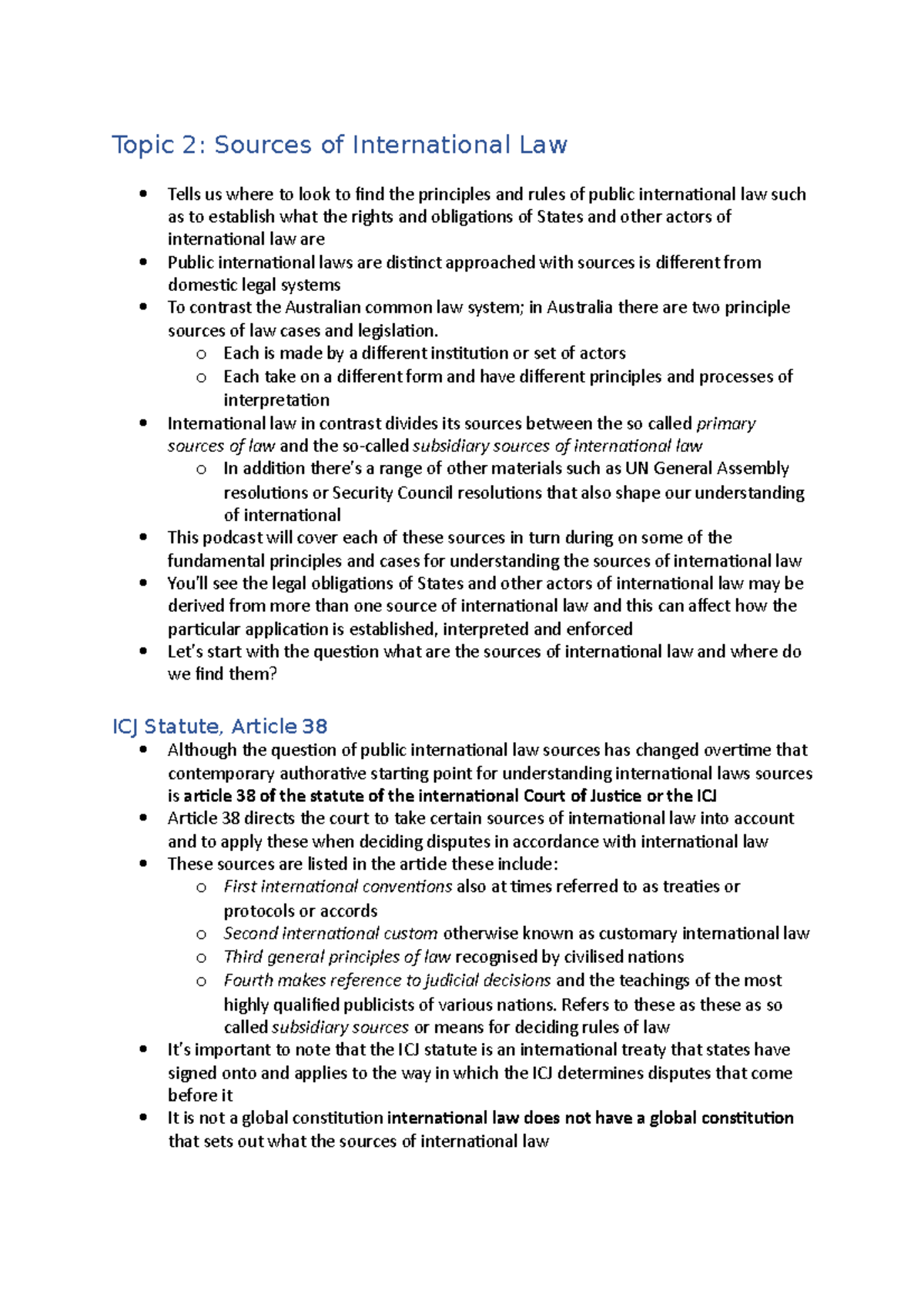Topic 2 - Lecture notes 2 - Topic 2: Sources of International Law Tells ...