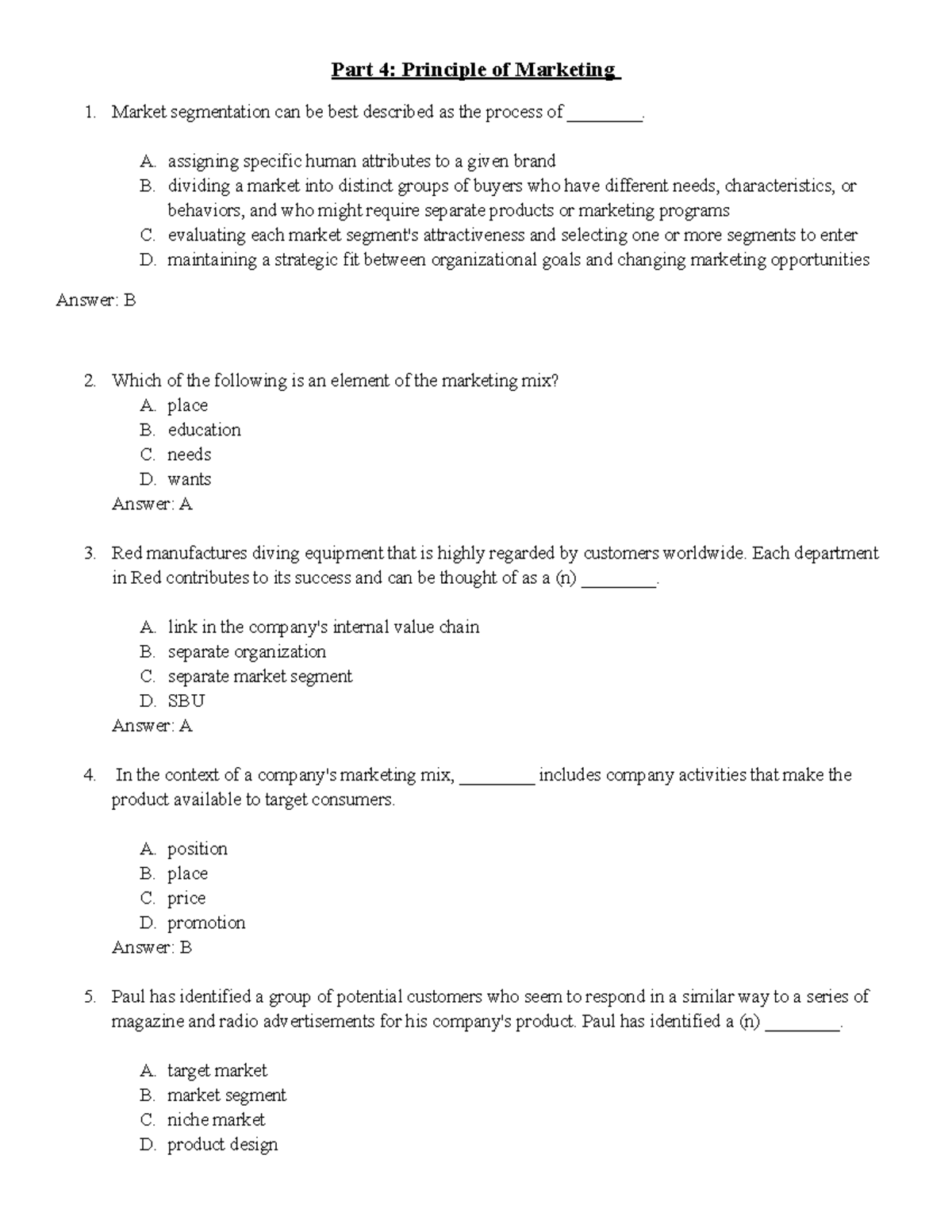 Introduction to Marketing part 4 questions 2 - Part 4: Principle of ...