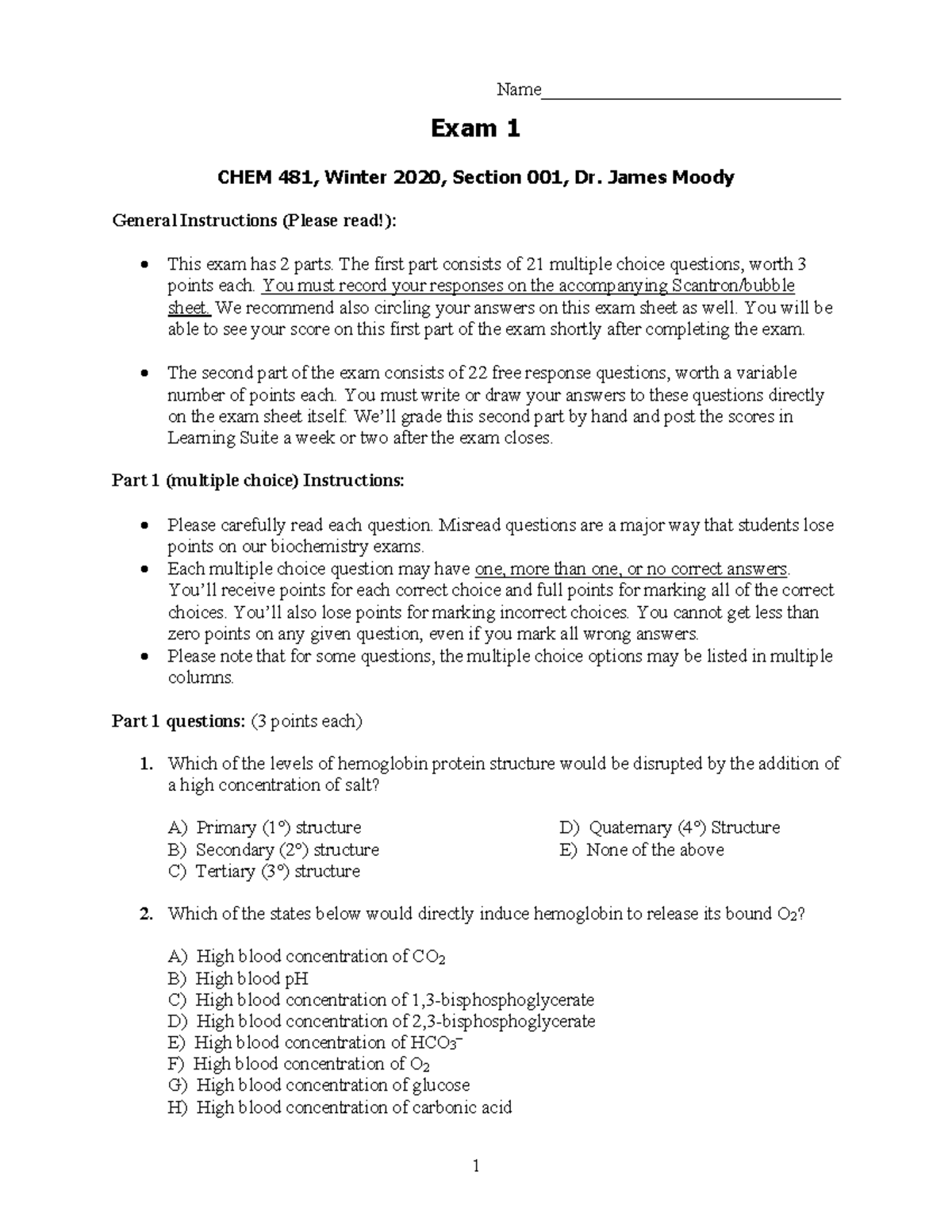 Exam 1 W2020 V3 - Practice Midterm Exam - Exam 1 CHEM 481, Winter 20 20 ...