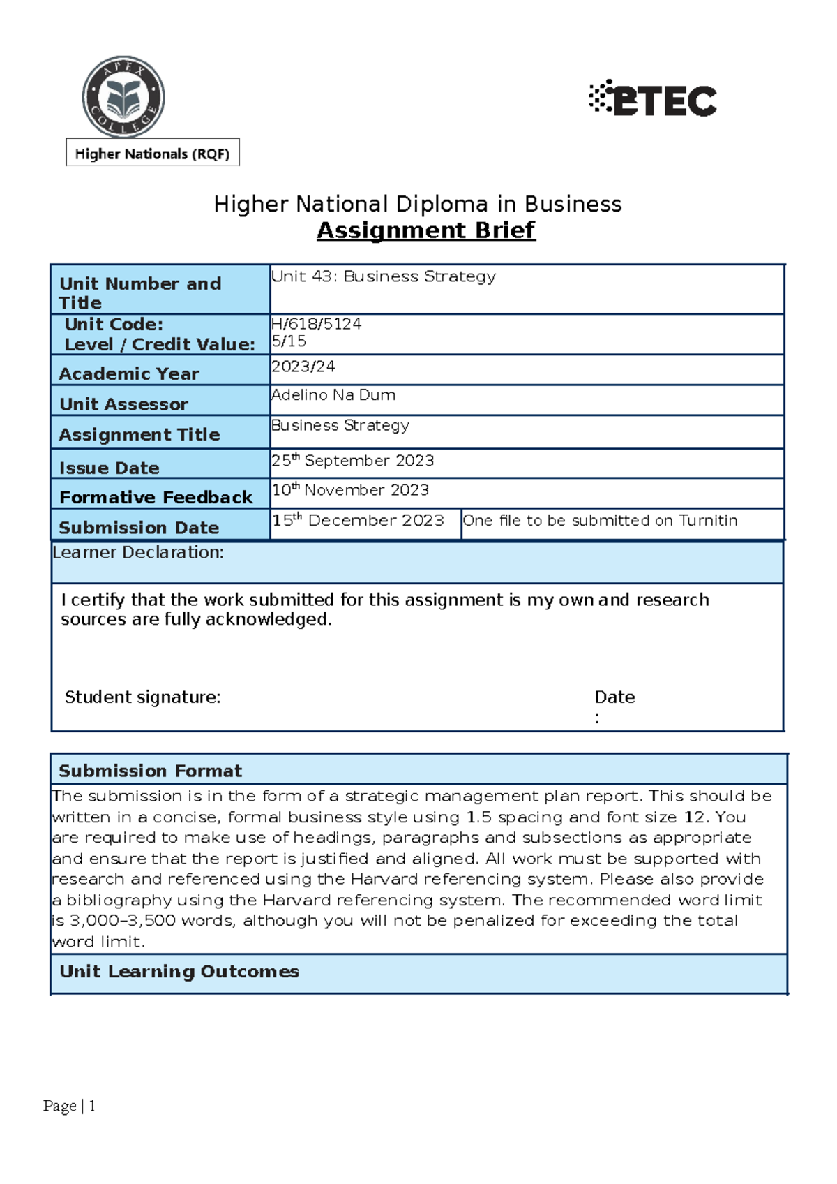 Unit 43 assessment - HND - Higher National Diploma in Business ...