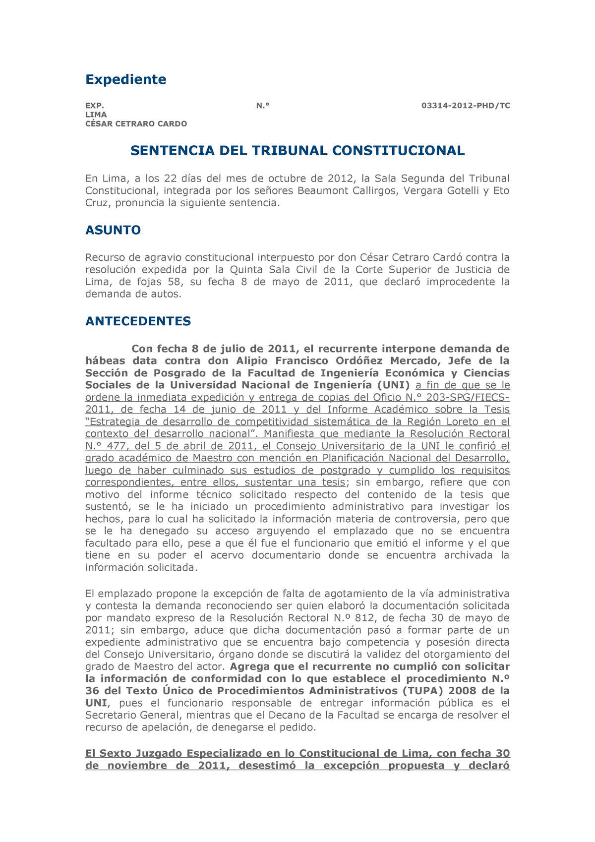 Sentencia DEL TC Habeas DATA - Expediente EXP. N.° 03314-2012-PHD/TC ...