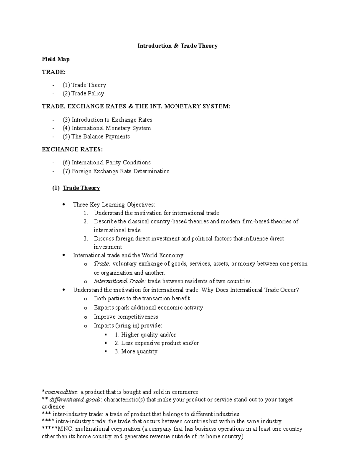 Session 1 notes - Introduction & Trade Theory Field Map TRADE: (1 ...
