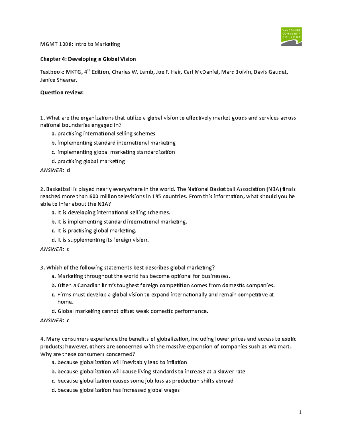 MAR - CH4 questions-1 - CH4q1 - Chapter 4: Developing a Global Vision ...