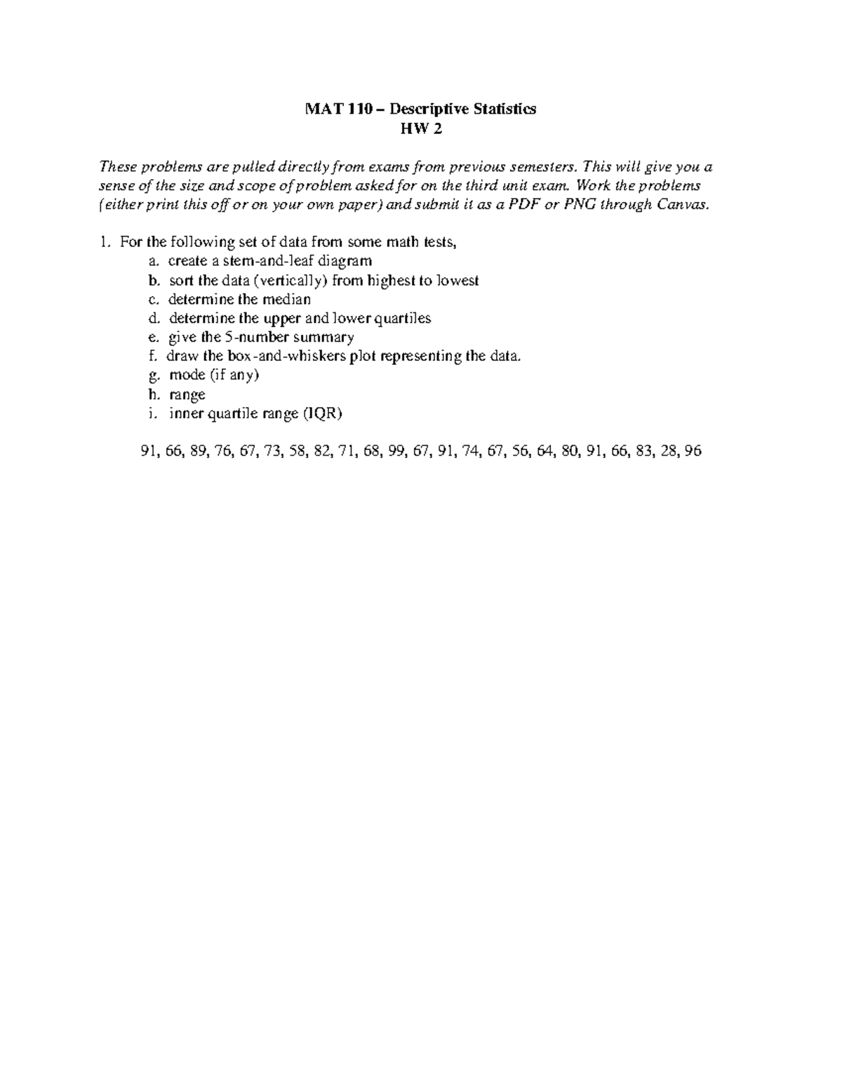 MAT110 Problems and answer key to stats MAT 110 Descriptive