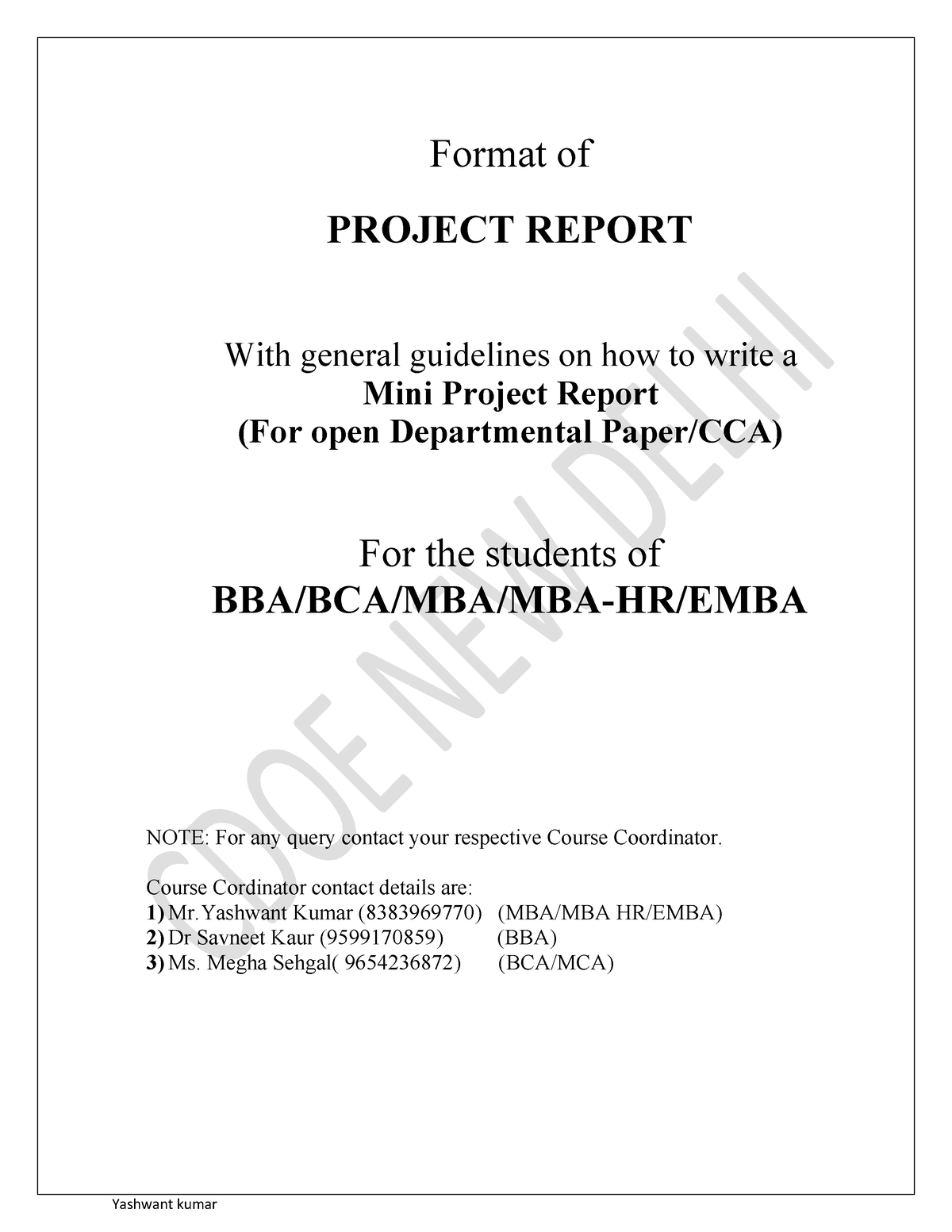 Mini Project Guidelines - Format Of PROJECT REPORT With General ...