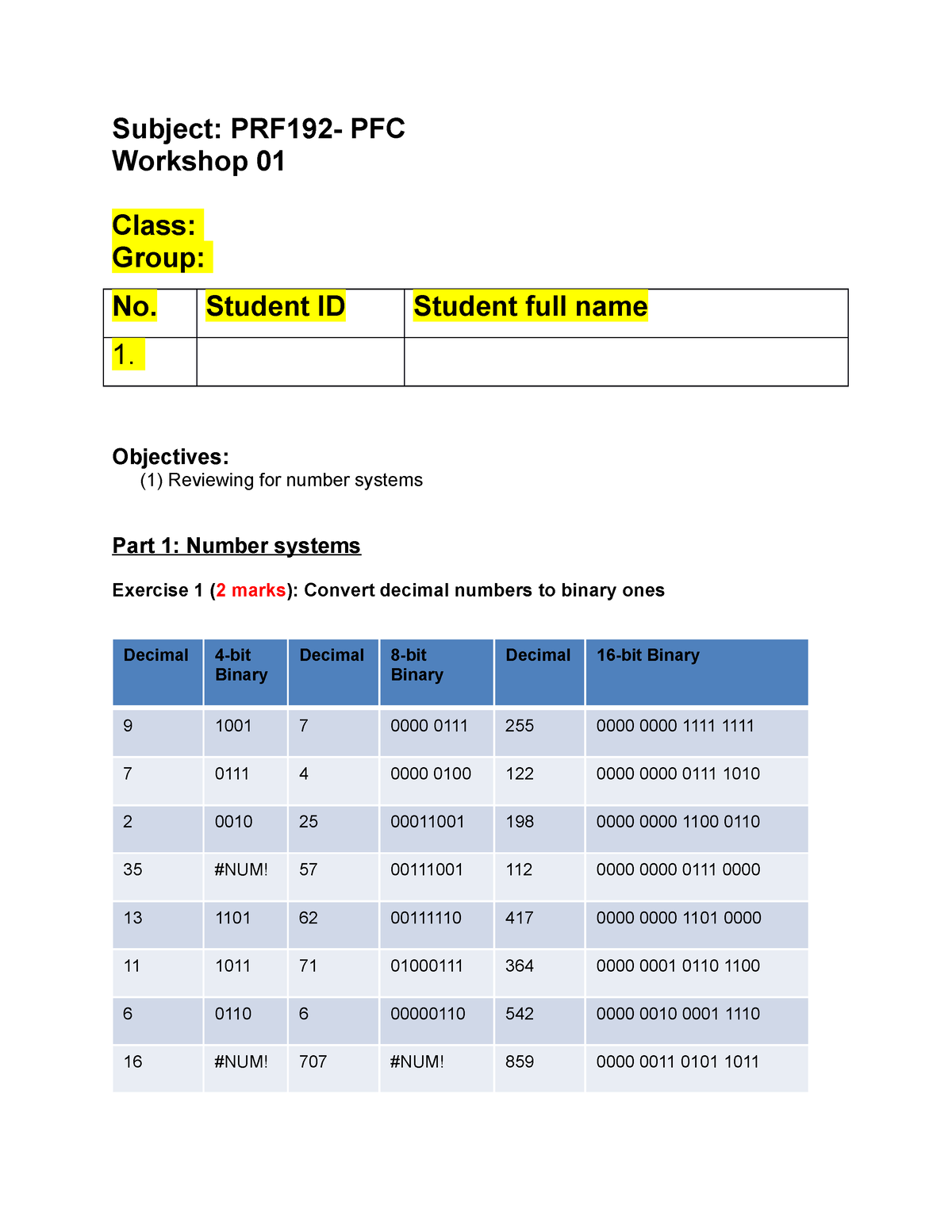 FA23 PRF192 WS01 - For Student - Subject: PRF192- PFC Workshop 01 Class ...