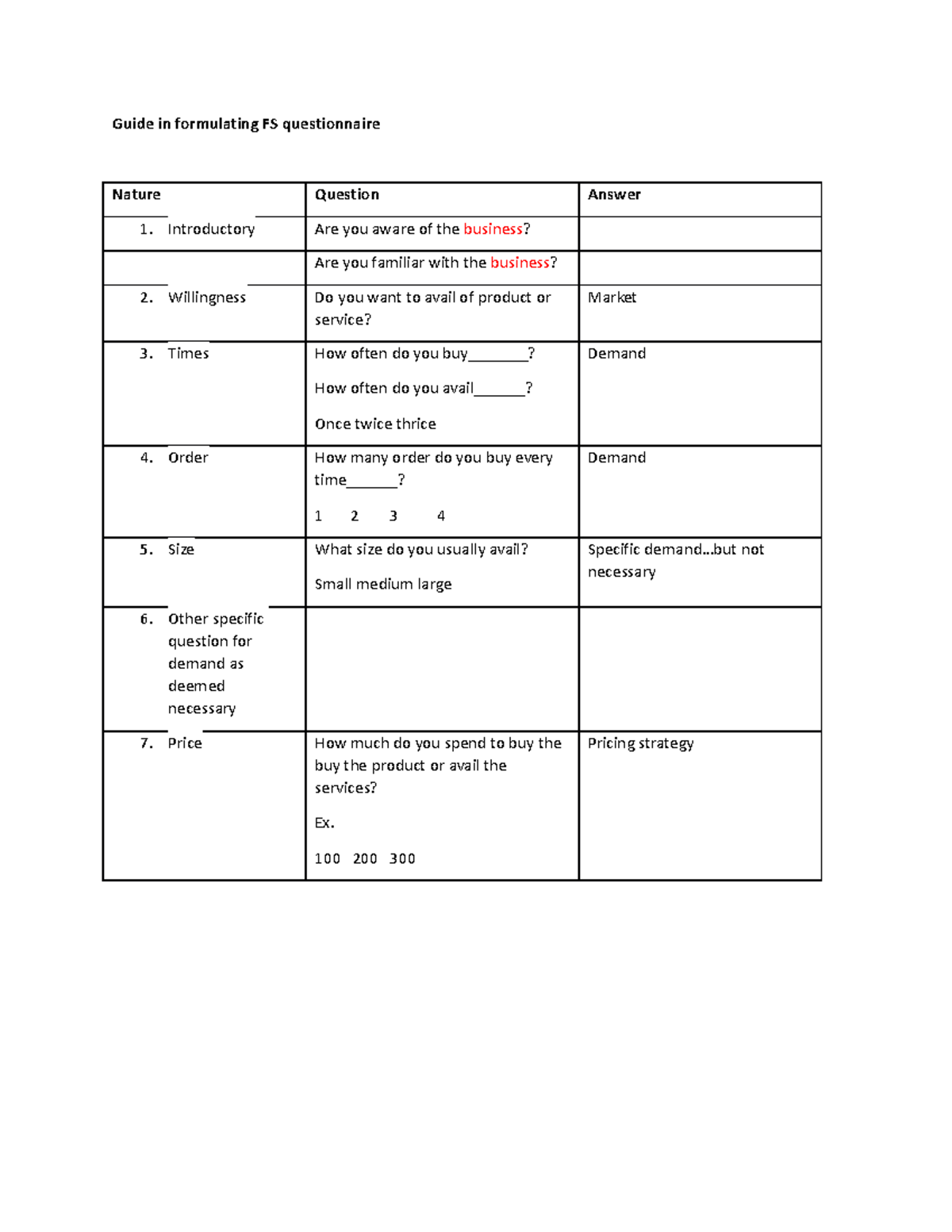 Guide in formulating FS questionnaire - Introductory Are you aware of ...