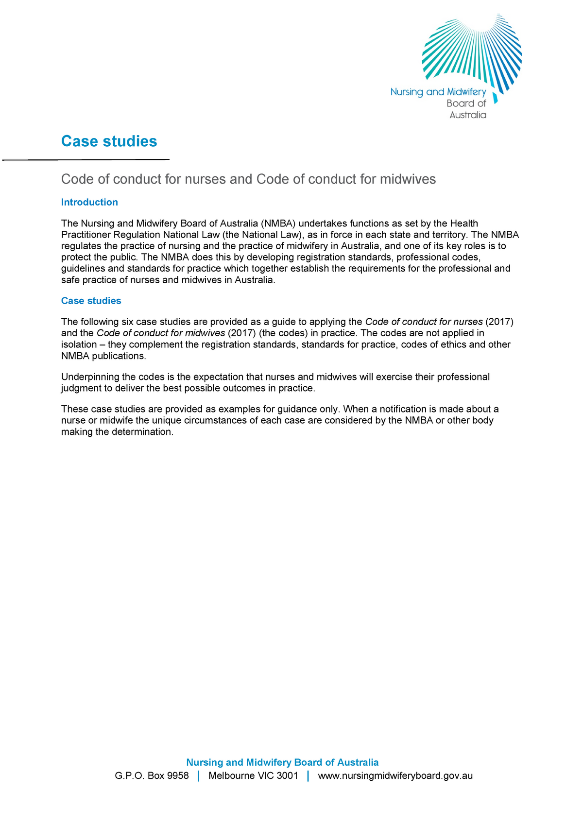 Nmba Case Studies Code Of Conduct For Nurses And Code Of Conduct For Midwives Studocu